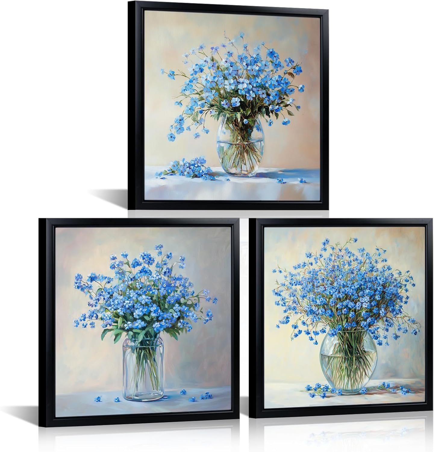 seteuret Flower Wall Art, Blue and Grey Wall Decor - Boho Bloom Room Decor for Bathroom Bedroom Living Room, 12"x12", 3Pcs