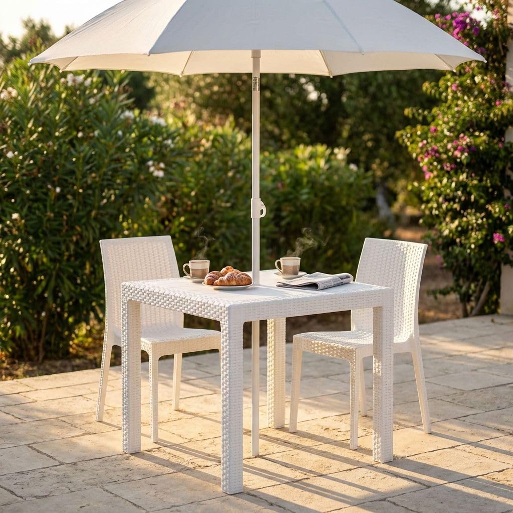 milani home - tavolo da giardino quadrato fisso in wicker effetto rattan bianco, 80 x 80 cm, in polipropilene, per terrazzo e portico