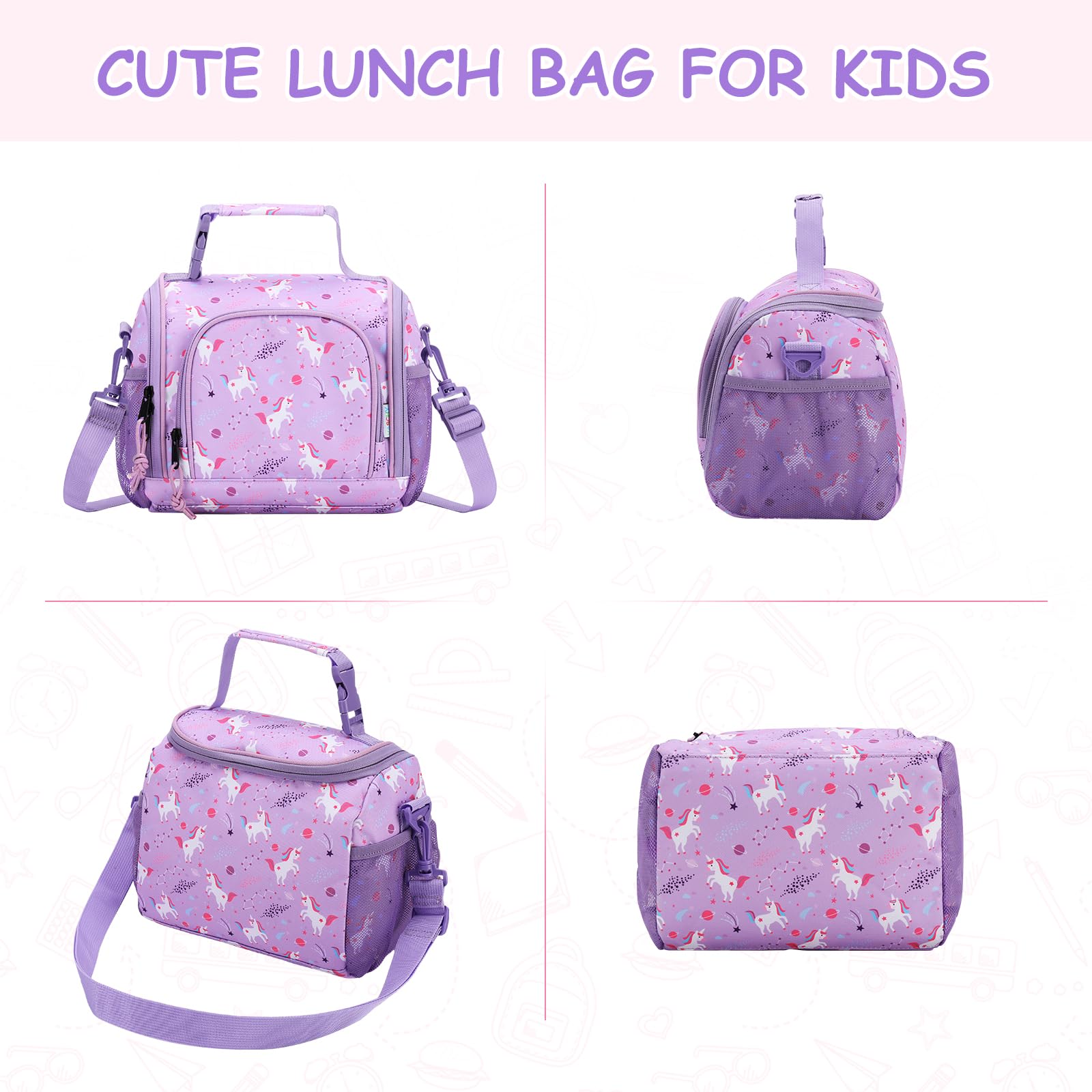 VASCHY Bolsa Almuerzo Infantil, Bolsa Termica Porta Alimentos Grande Nevera Termica para Niño Niña con Correa de Hombro Desmontable Bolsa Merienda Infantil para Picnic Colegio Viaje, Morado Unicornio