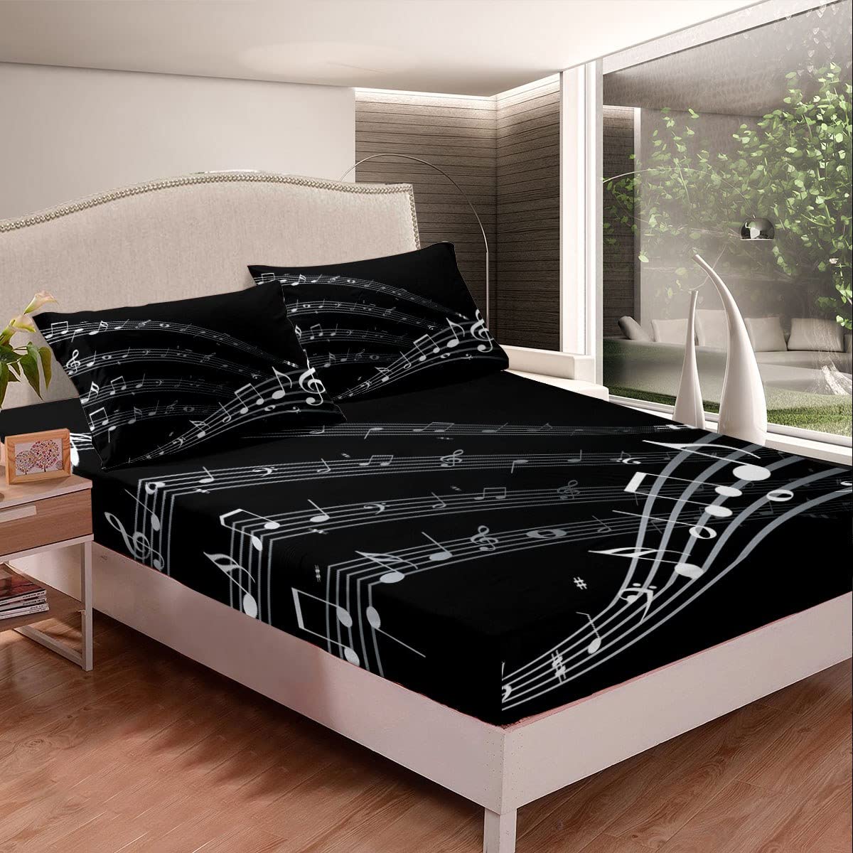 Feelyou Kids Sheet Set Queen Musical Note Themed Bed Sheets for Boys Girls Bedroom Black White Music Decor Bedding Set Soft Musical Geometric Sheets Set
