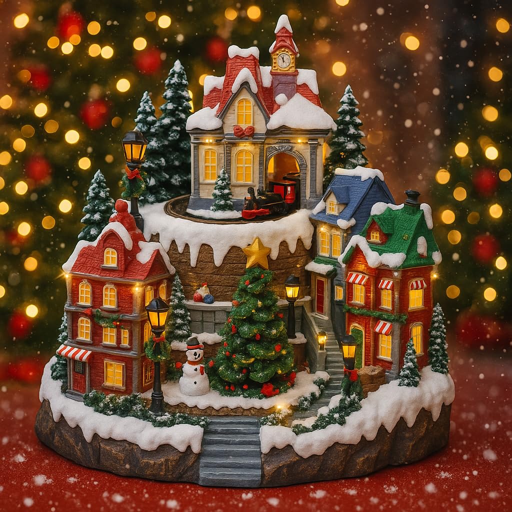 VARZI Carillon Natalizio Villaggio Luminoso con Trenino, Case e Albero di Natale, 37 LED fissi, Decorazione Festiva Interna, Perfetta per Le Feste 30cm 1956