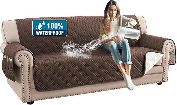 100% Waterproof Couch Cover for 3-Cushion Sofa Thick Soft Furniture Protector with Non-Slip Elastic Straps | Pet-Friendly, Stain-Resistant Sofa Slipcover Brown, Oversized Sofa