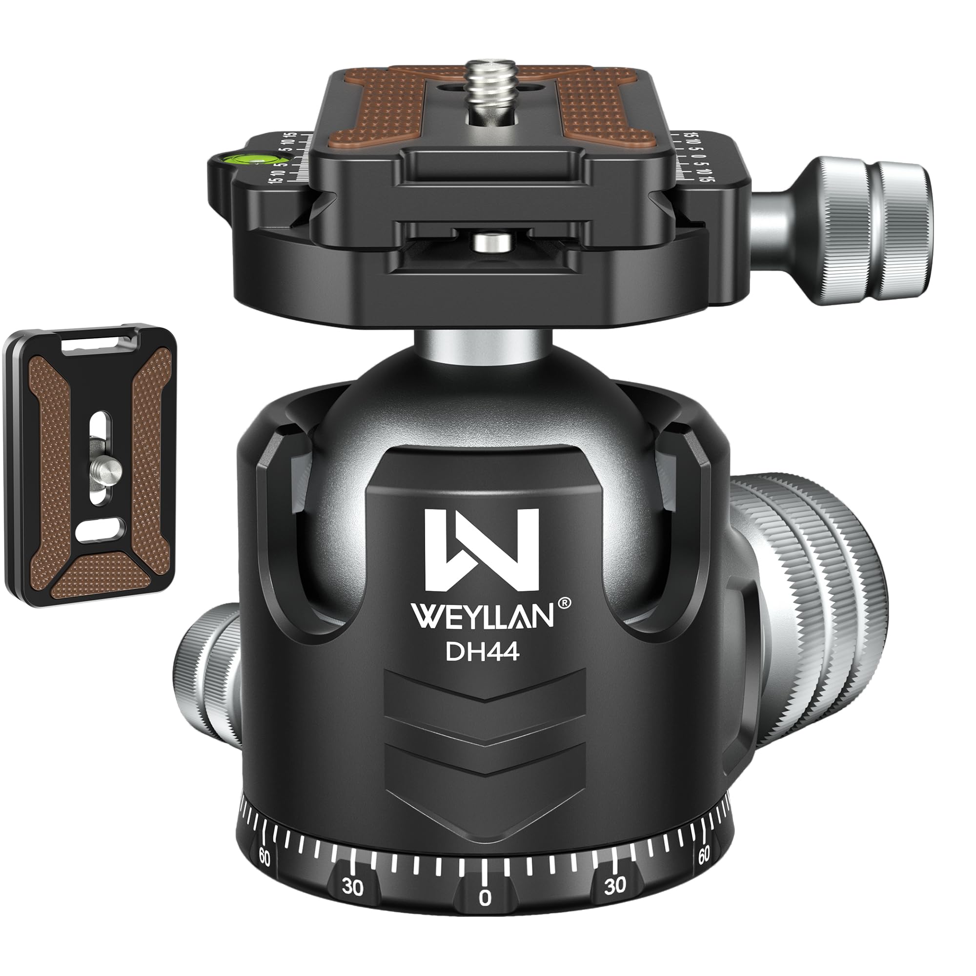 Tripod Head 44mm Low Profile Ball Head, WEYLLAN DH44 360 Degree Metal Panoramic Camera Ball Head Mount with Two Quick Release Plates, Arca Ballhead