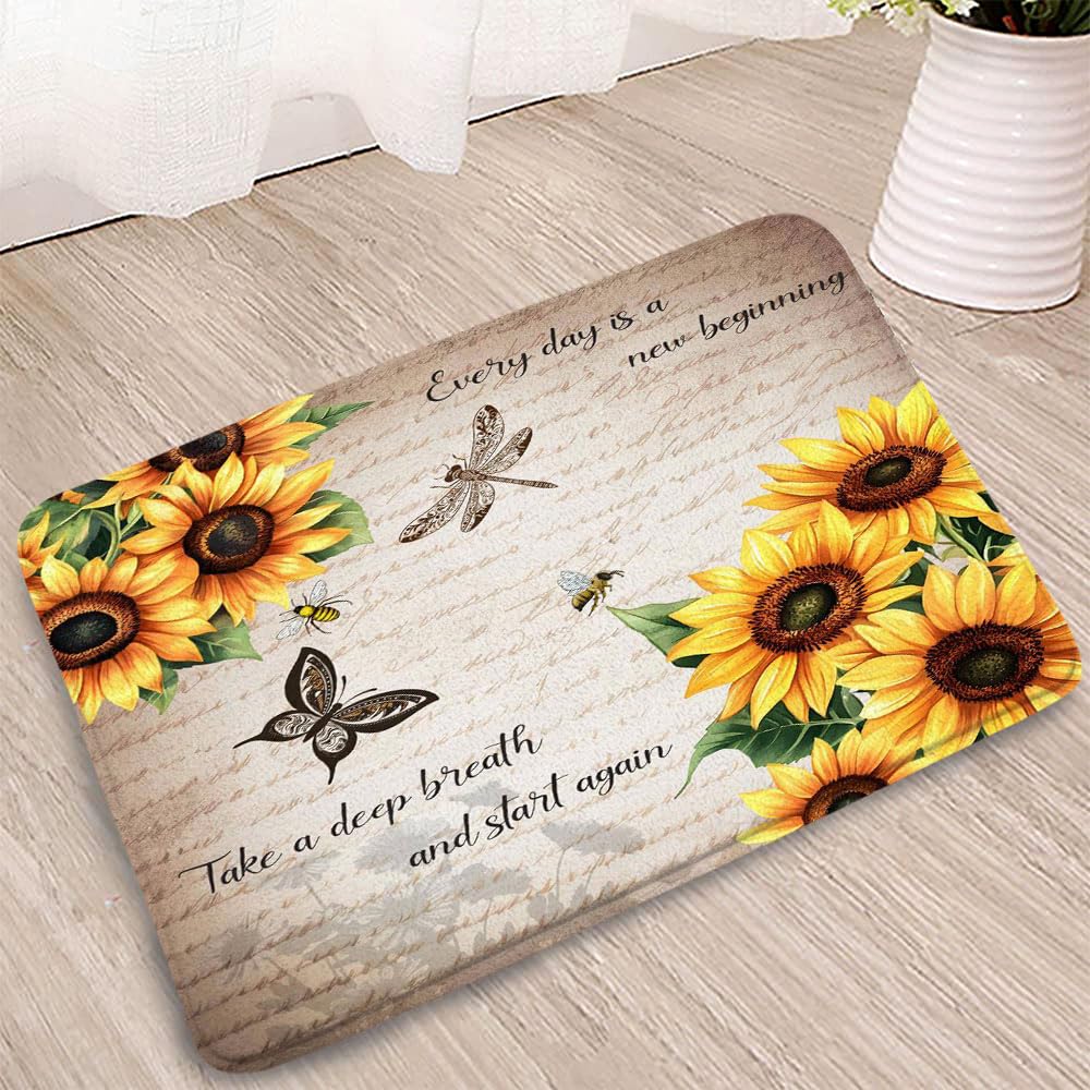 Sunflower Bathroom Mat Inspirational Quotes Vintage Farmhouse Yellow Floral Rustic Country Bee Dragonfly Butterfly Kitchen Flannel Non-Slip Rug