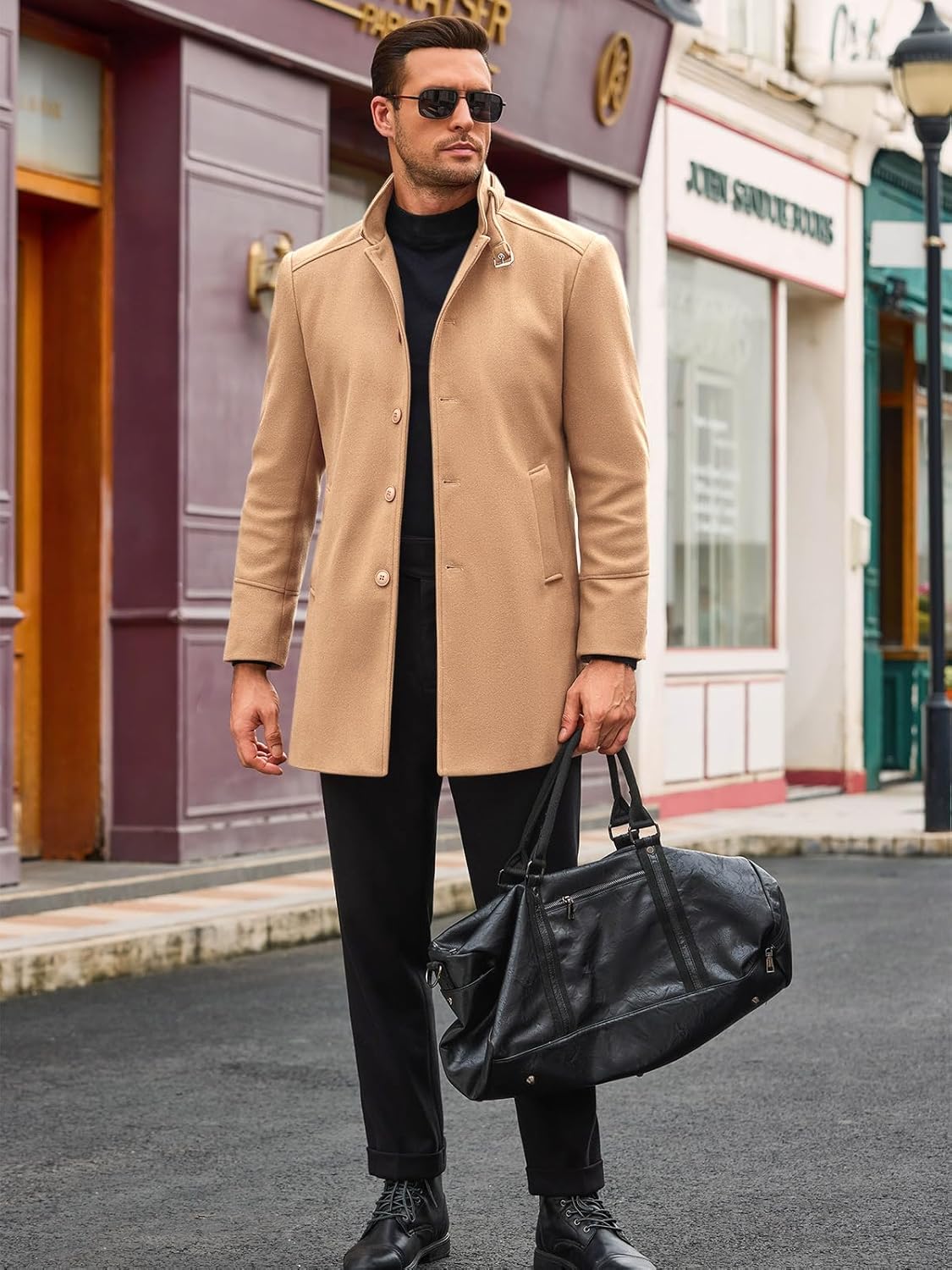 Runcati Mens Trench Coat Stand Collar Casual Slim Fit Single Breasted Pea Coat Overcoat - Image 4