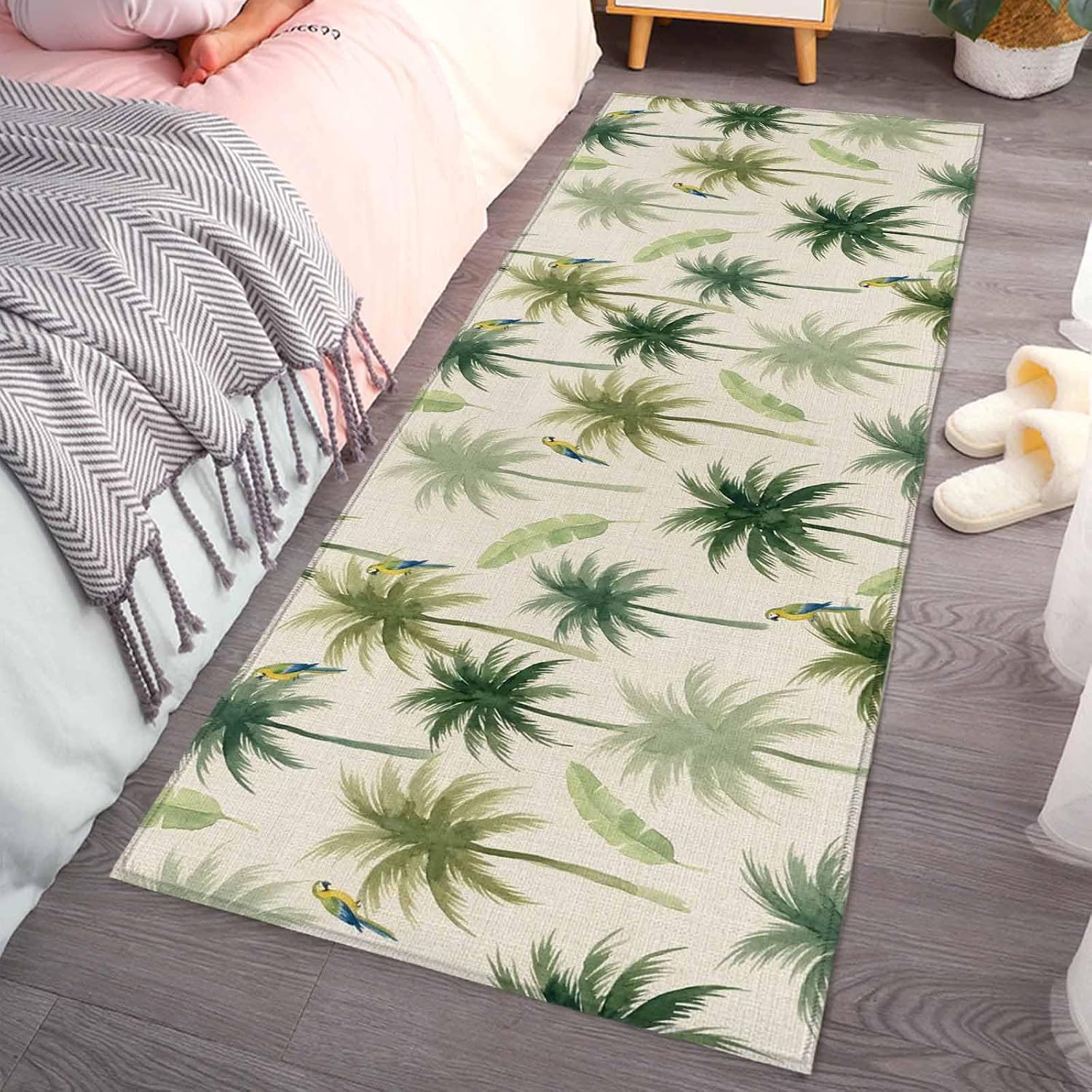Teamery Kitchen Mats for Floor Summer Coastal Green Palm Tree Birds Washable Non Slip Kitchen Rugs 1PCS, Vintage Linen Absorbent Standing Mats for Sink Bathroom Office Living Room 23.6x70.9in
