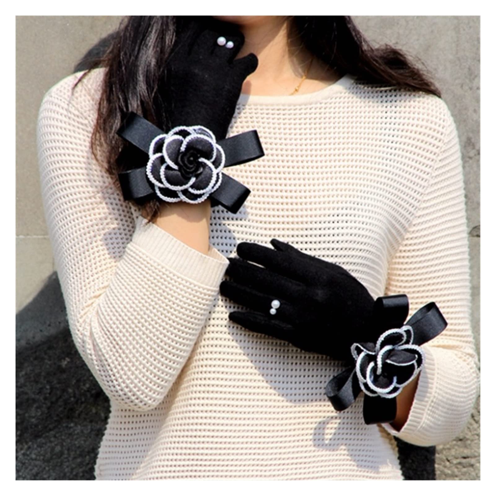 Guantes Invierno Mujer Guantes de Invierno Mujeres Guantes Cashmere Mittens Femenino Flower Flower Warm Wool Guantes Mujeres Conduciendo Guantes Guantes Esqui (Color : Black)