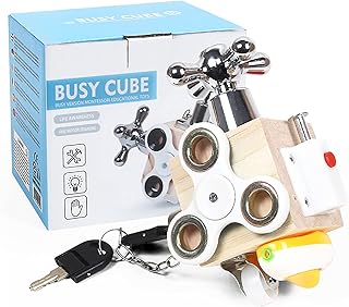 Toddler Busy Board, Busy Cube for Kids, Wooden Sensory Board, Montessori Busy Board for Toddlers, Switch Function Early Learning, Learning Toy for Airplane or Car Travel