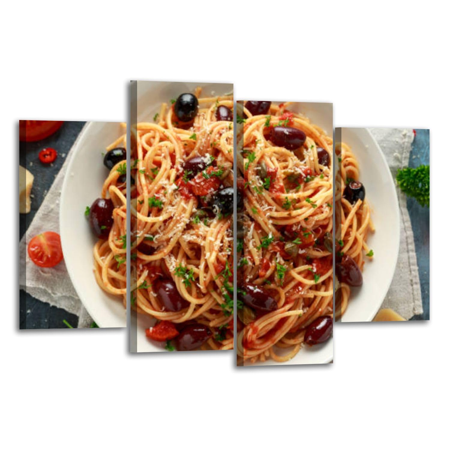 Canvas Wall Art Prints Pictures Pasta Alla Puttanesca garlic olives capers tomato anchois fish Framed Posters Modern Wall Painting Artwork Gift Home Decor for Living Room Ready to Hang 4 Panel