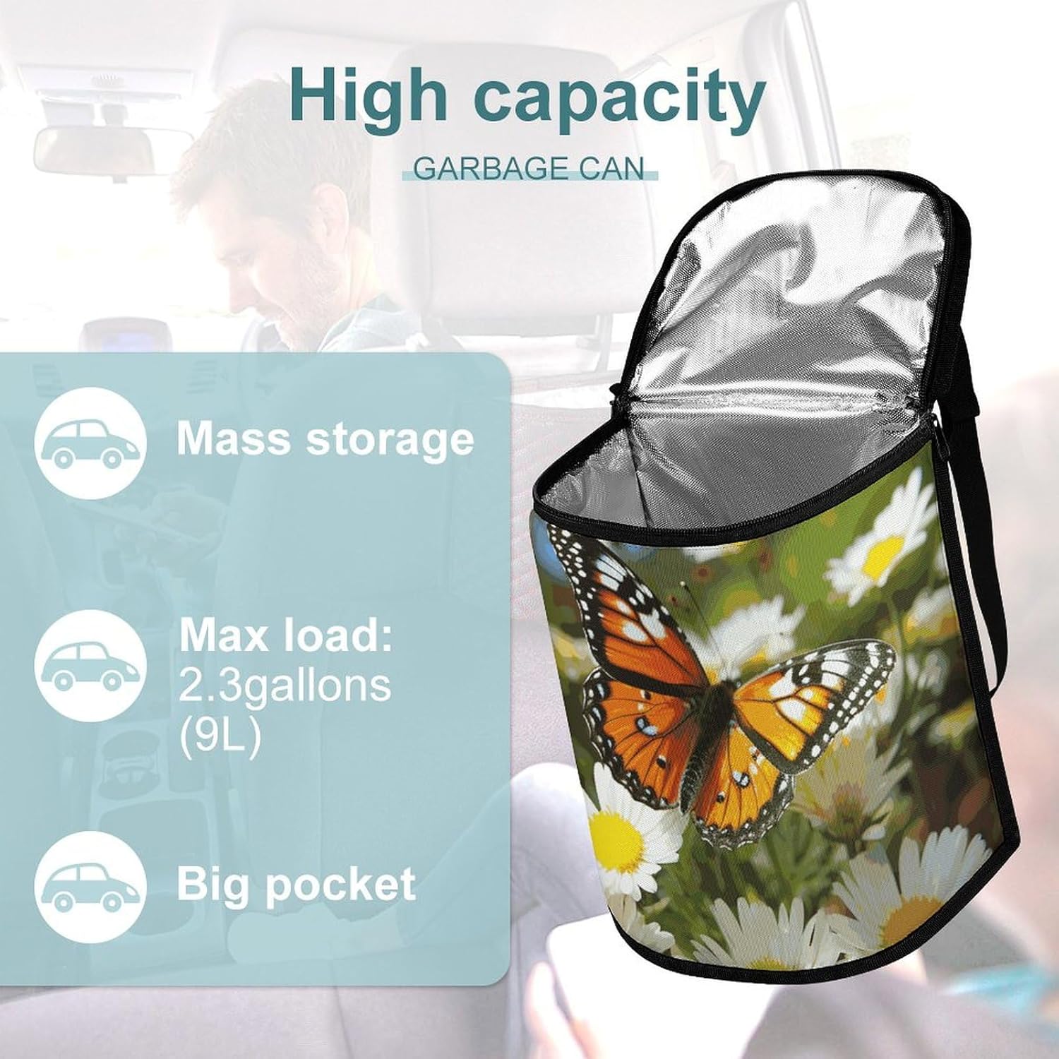 Hanging Car Trash Bag Butterfly on Daisy Flower Printed Car Garbage Storage Bag Leakproof Car Trash Can Portable Garbage Storage Bags