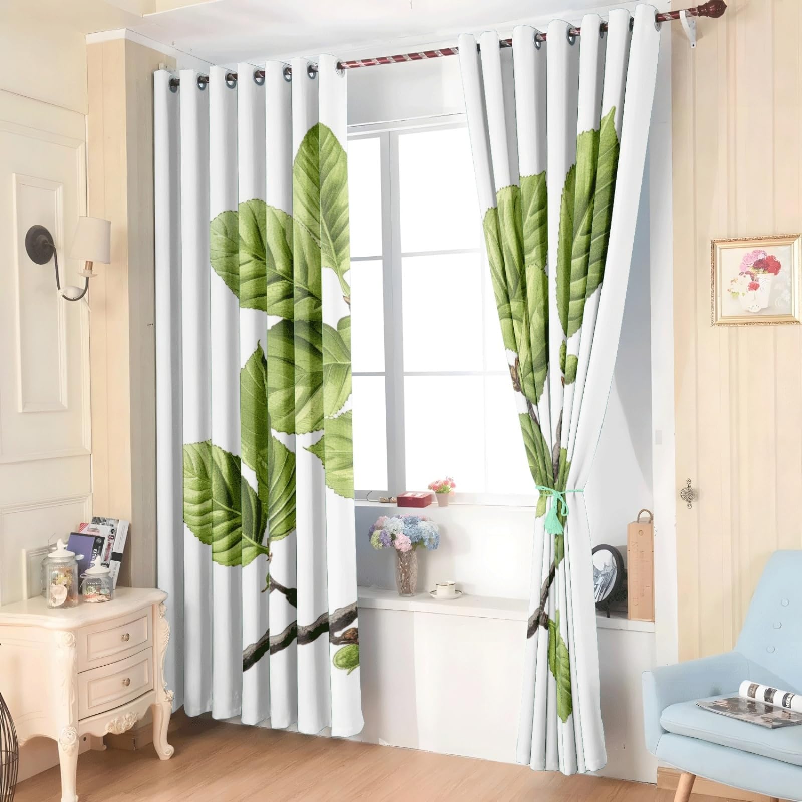 Curtain Minzgrün Weiß Gardinen Blackout Curtain Polyester Vorhang mit Ösen Waschbar Vorhänge Living Room Verdunklungsvorhänge Schlafzimmer Gardienen Vorhang Blickdicht 2x140x160cm