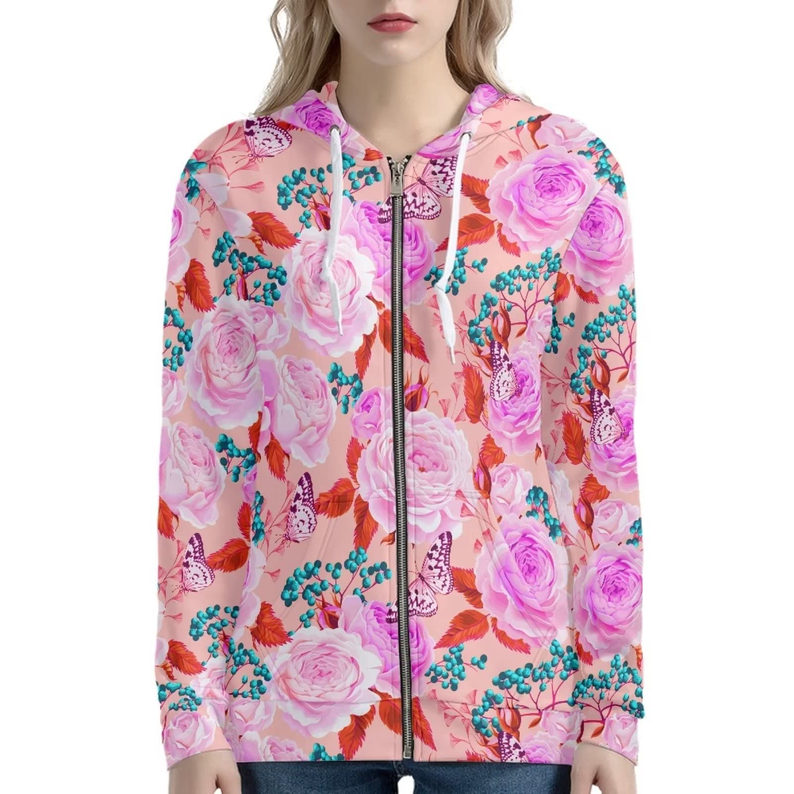 Xoenoiee Damskie bluzy z kapturem z kieszeniami, długi rękaw, kurtka z kapturem, zamek błyskawiczny, dziewczęca, oversize, odzież uliczna, Piwonia kwiatowy motyl, S