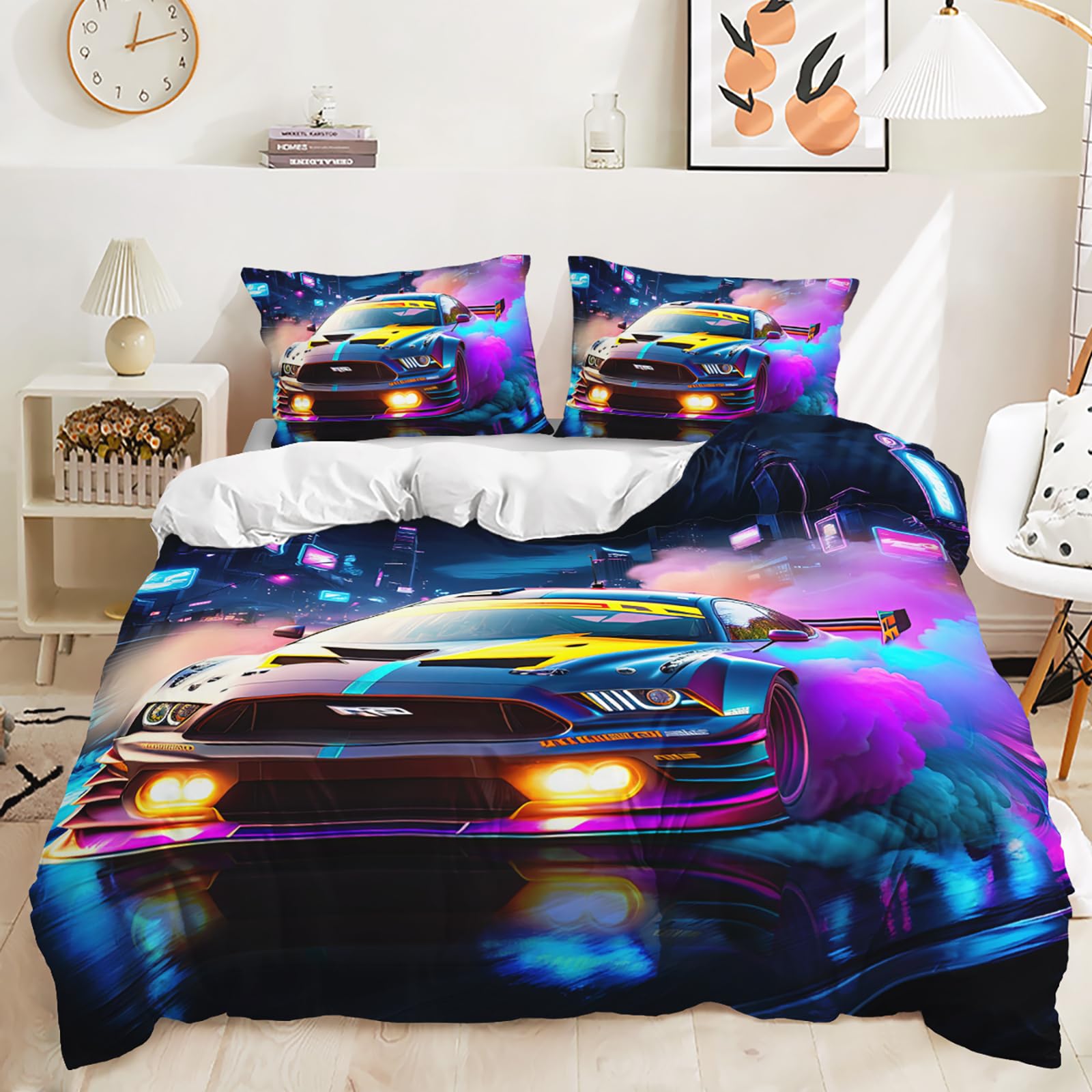 AILONEN Boys Kids Racing Car Duvet Cover Set Full Size,Neon City Speed Car Themed Soft Comforter Cover with 2 Pillowcases for Room Decor,3 Pieces