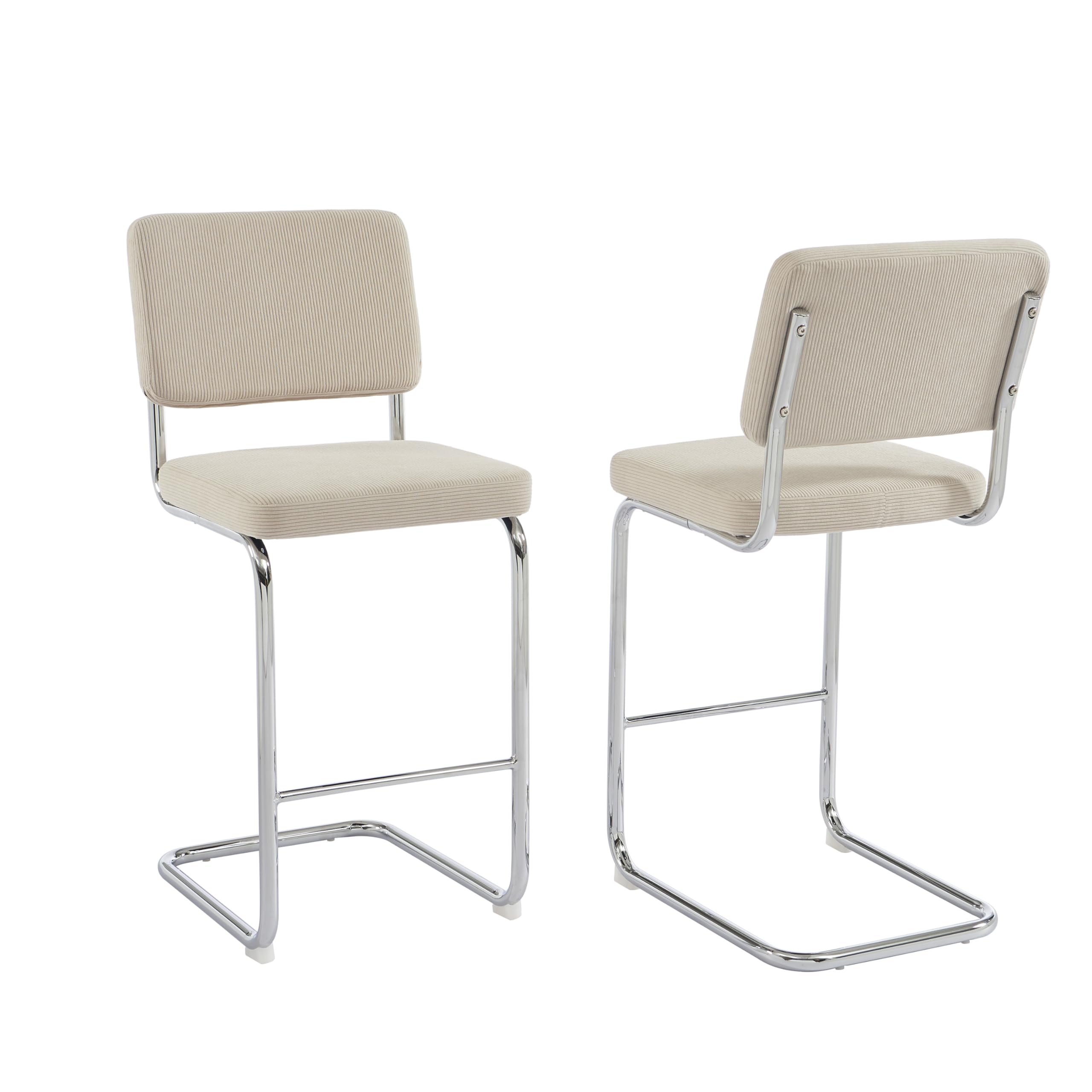 BAÏTA Set di 2 sgabelli a metà alto Jack in velluto trapuntato, piede in metallo (Beige)