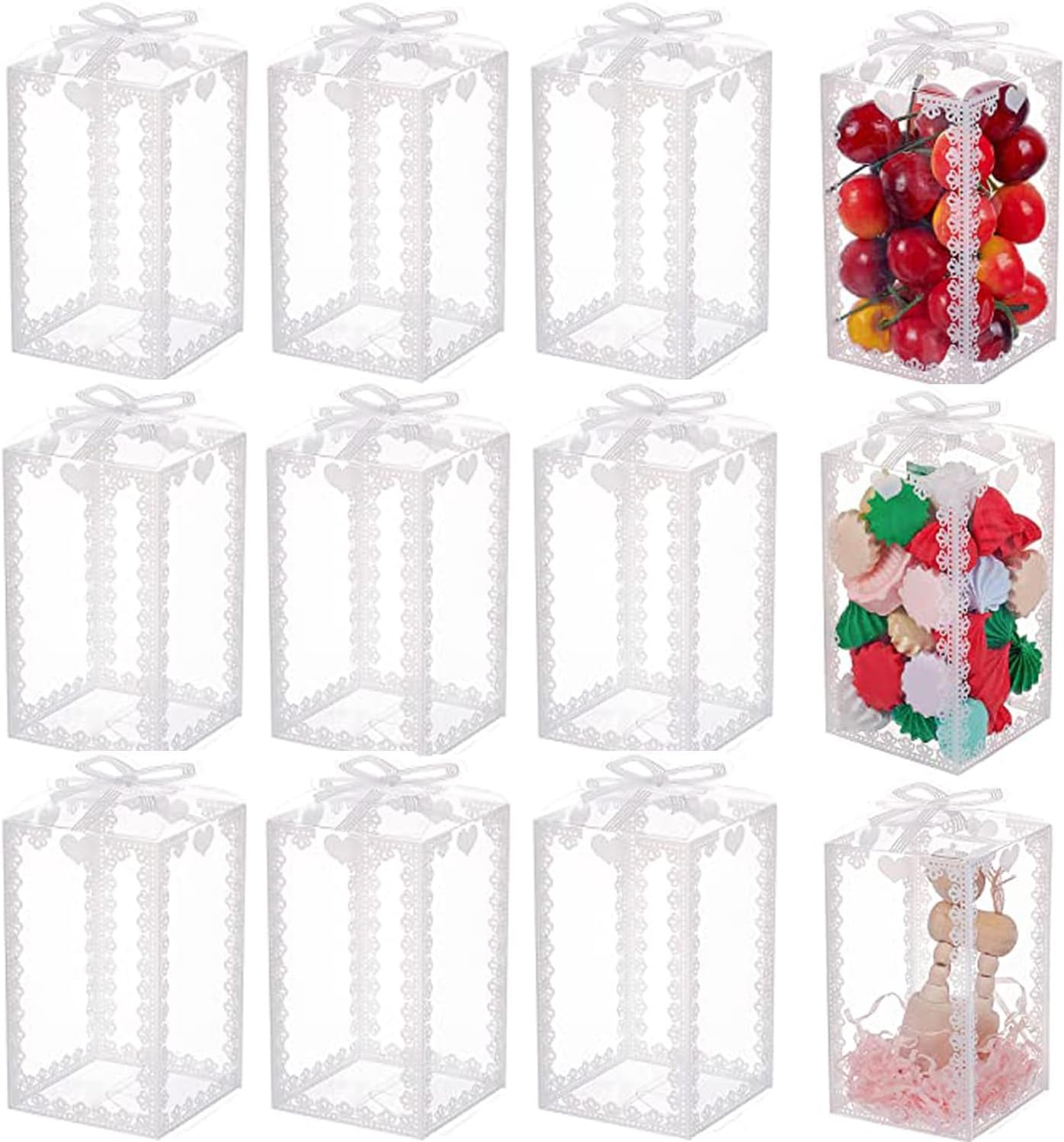 12Pcs Rectangle Bow Knot Pattern Clear Plastic Favor Boxes Gift Boxes, Transparent PVC Favor Boxes Packing Box, for Holiday, Wedding Party Favors (7x7x12 cm)