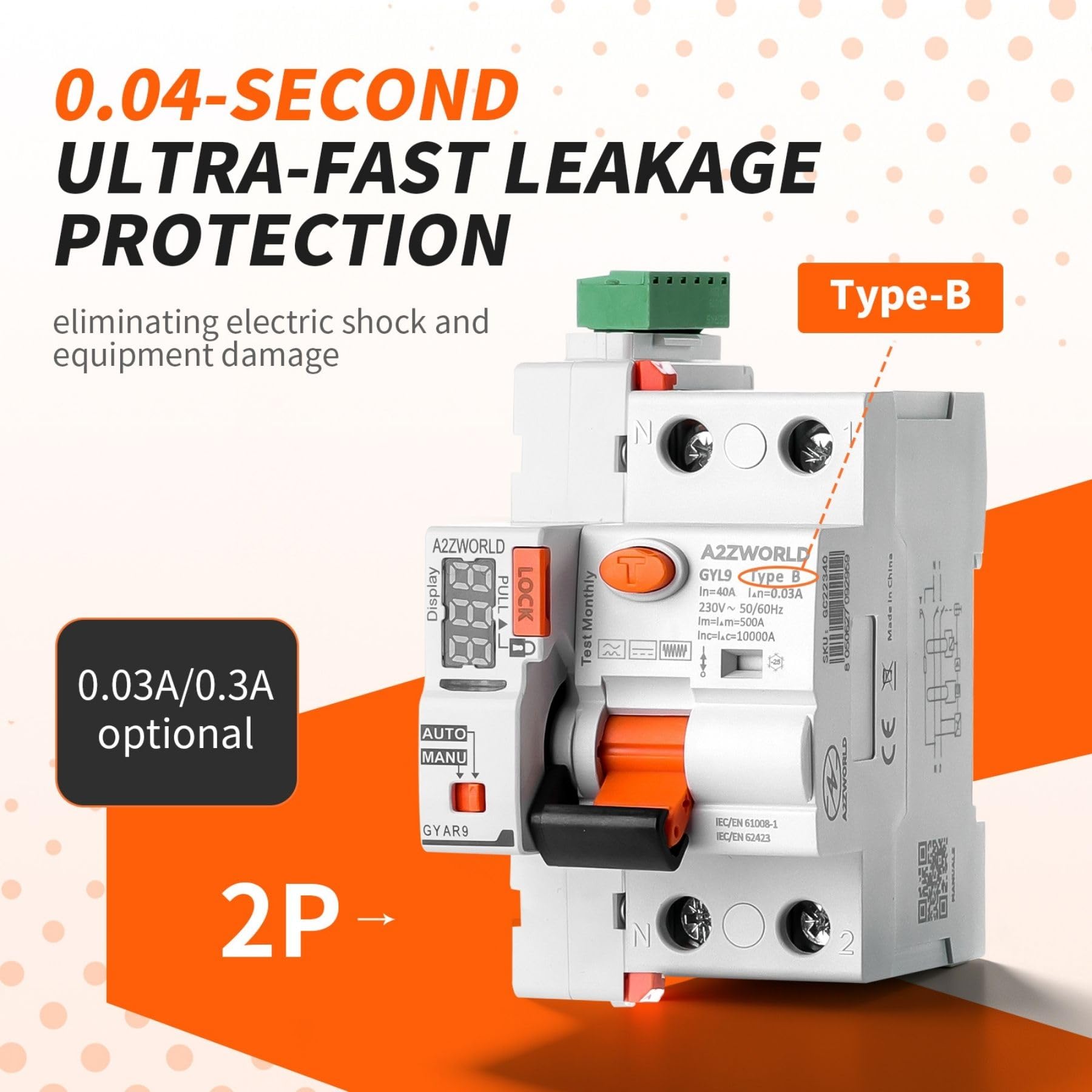 Interruptor diferencial tipo B Rearme automático 40A, RCCB salvavidas Clase B rearmable, 1P+N 10kA 300mA/0,3A, 3 módulos DIN, 3 intentos (10s/60s/300s)