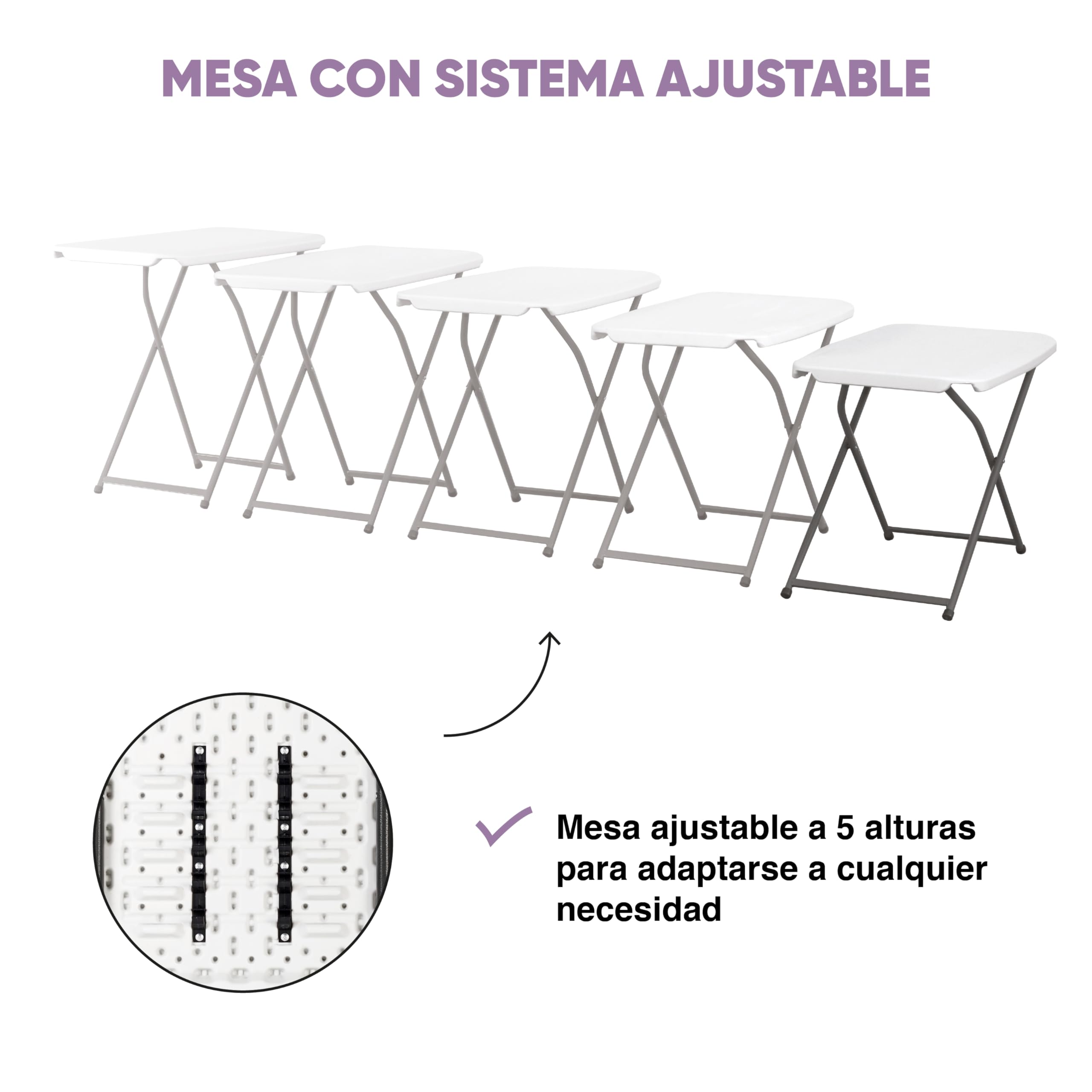 KG KITGARDEN - Mesa Plegable Auxiliar con Altura Ajustable, 50x75x56-73cm, Rectangular, Blanco