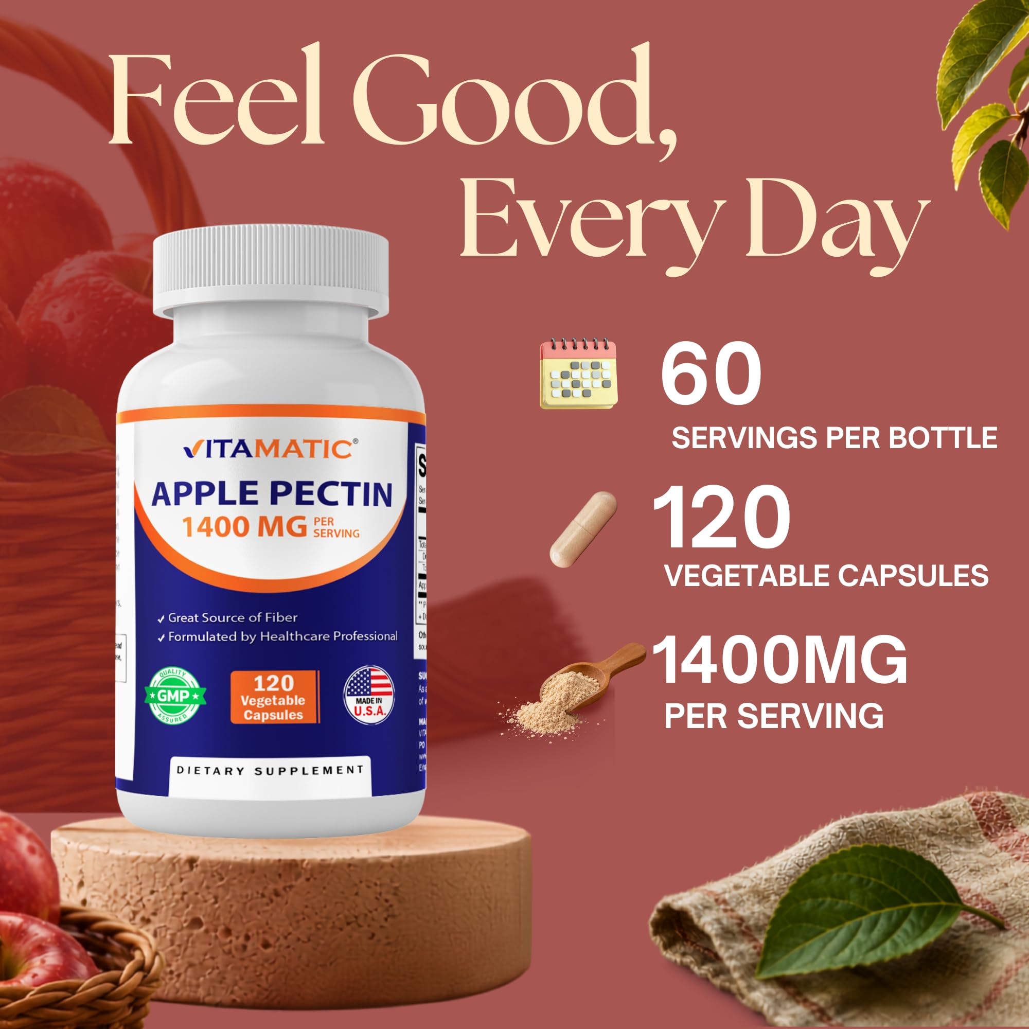 Vitamatic Apple Pectin 1400 mg Per Serving, 120 Veggie Capsules — Amazon image 4