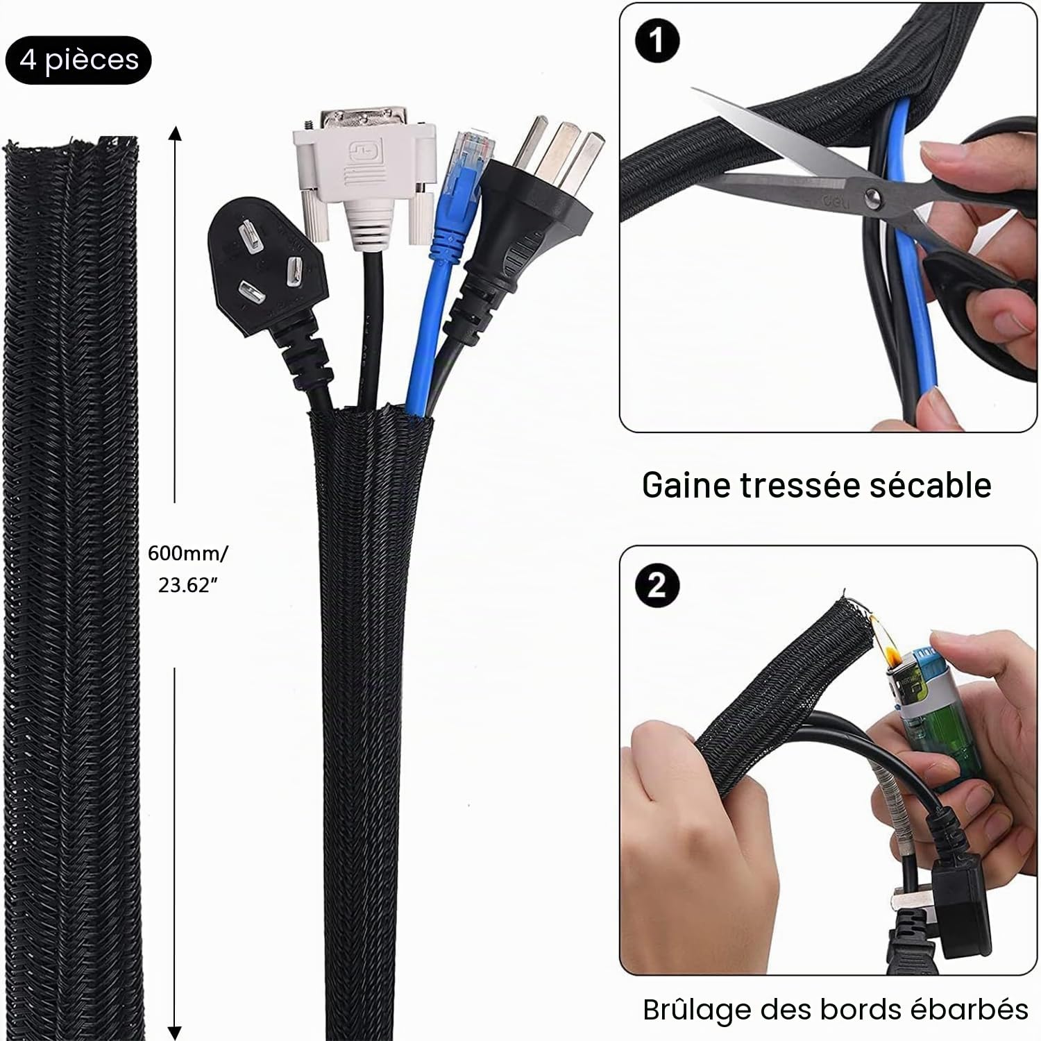 SOULWIT 200 Pièces Kit de Gestion des Câbles, 4 Manchon de Câble Gaine, 3 Clips Câble Organisateur Bureau, 10+2 Attache Câble Organisateur Rallonge, 15 Clips Câbles Adhésifs, 100 Serre Câbles