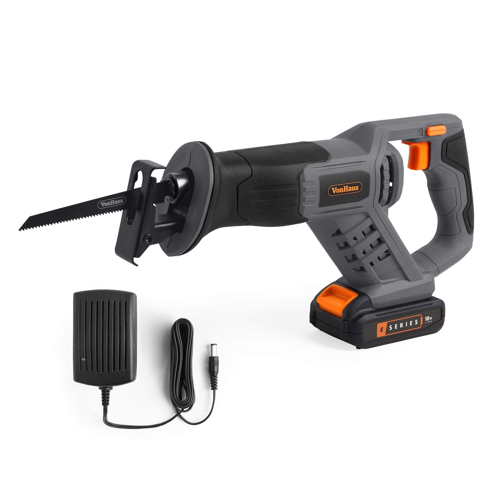VonHaus E-Series 18V Cordless Reciprocating Saw – Tool-Less Blade Change – Ergonomic Lightweight – 2.0Ah Battery and Charger Included - Includes Blade - Universally Compatible