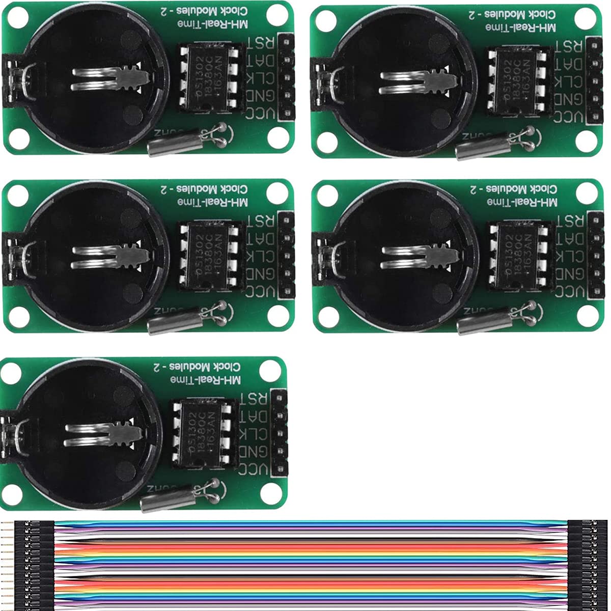 5 piezas DS1302 Módulo de reloj en tiempo real Desarrollo de alta precisión Verde con cable Dupont macho y hembra para Arduino AVR ARM