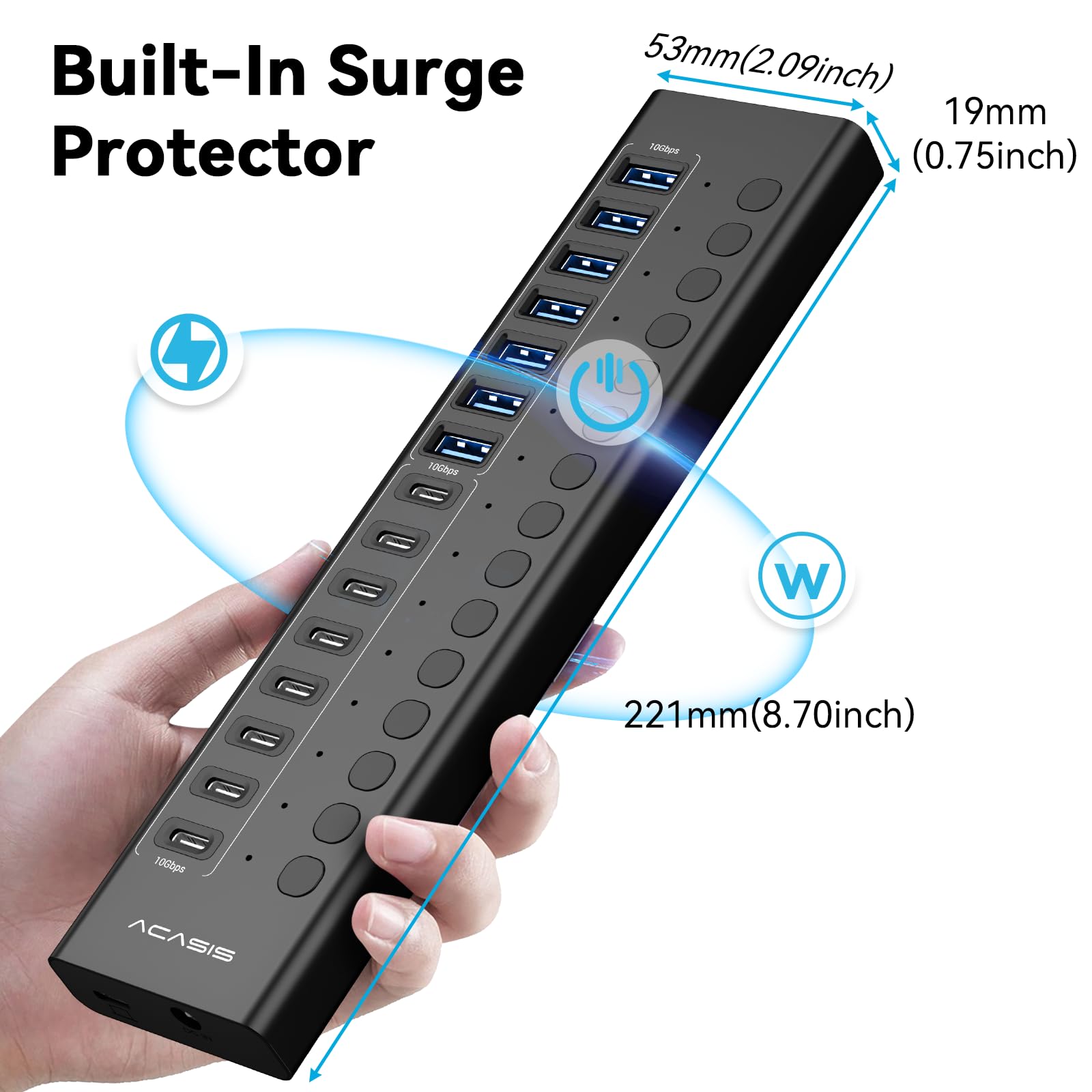 ACASIS Hub USB 3.2 16 Ports, 8X USB-A & 8X USB-C, Alimentation 96W, Alu