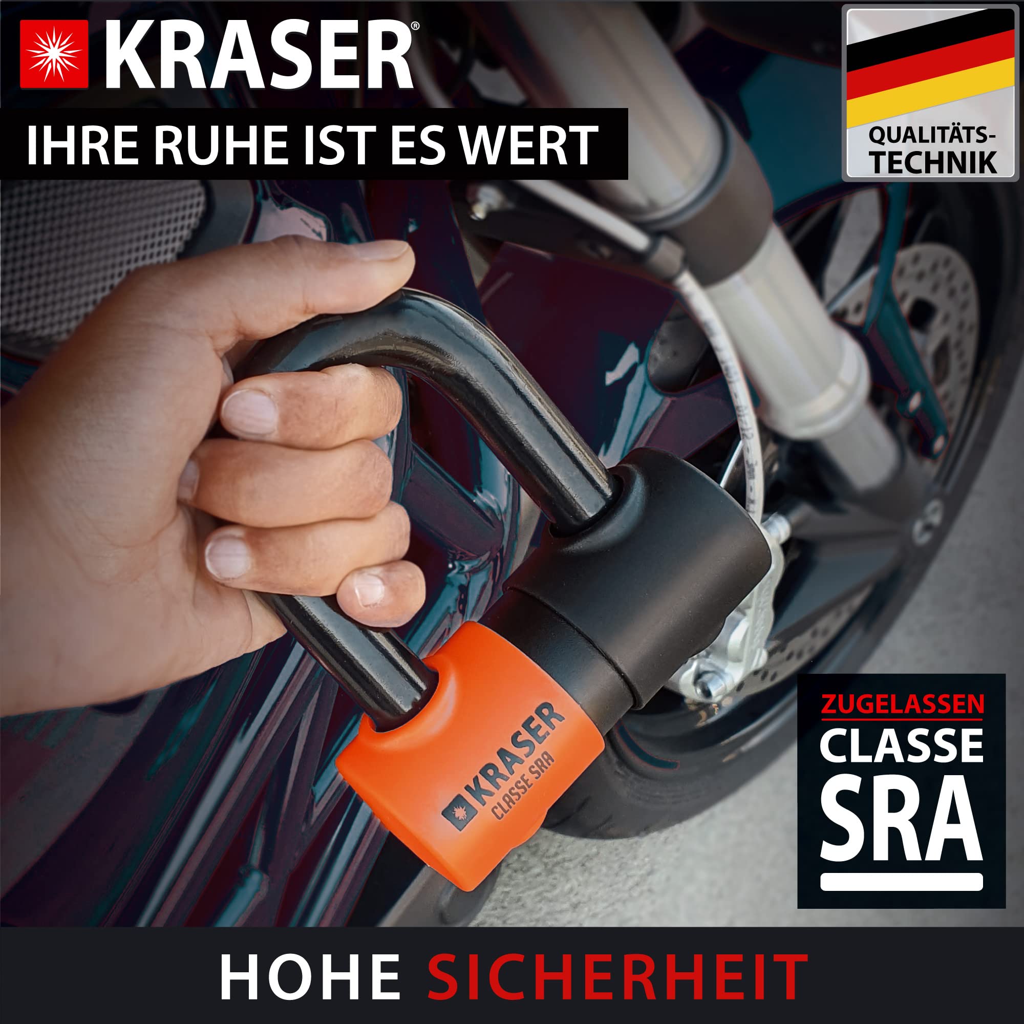 KRASER KR50 Diebstahlsicherung Motorrad Bremsscheibenschloss SRA Homologiert genehmigtes Vorhängeschloss Scheibenbremse Solid Mini U Ø18 + Erinnerungskabel, Anti-Diebstahl Motorradschloss Motorroller