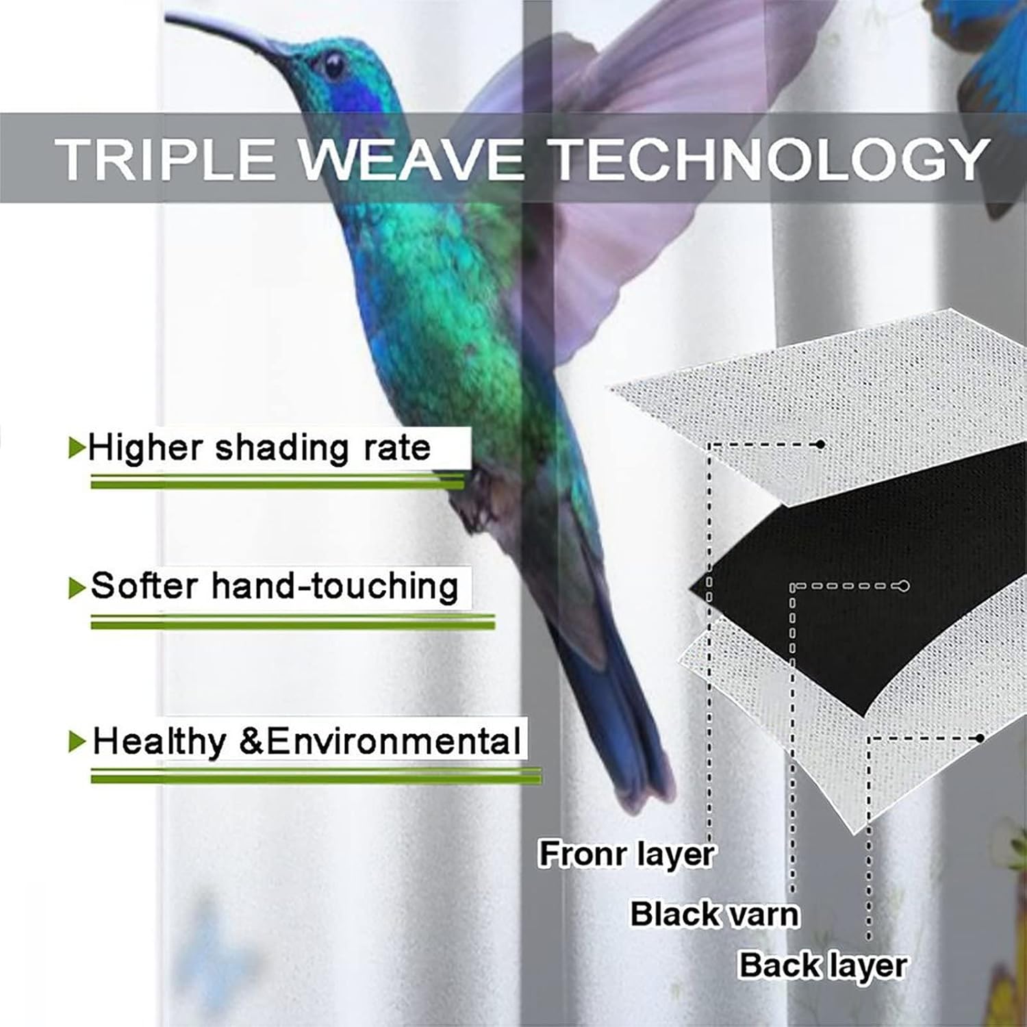 Spring Hummingbird Rod Pocket Blackout Curtains - Abstract Floral Birds Romantic Blue Flowers Window Curtain Set Energy Saving Thermal Insulated Drapes for Living Room 2 Panels 45L x 21W