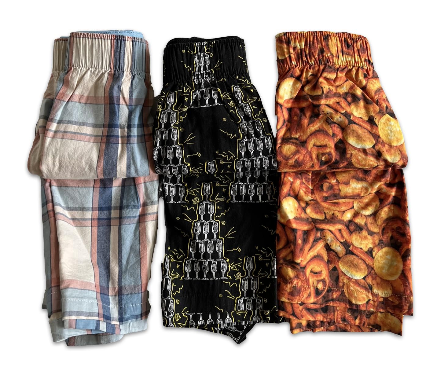 American Eagle 3-Pack AE Men's Boxer Shorts Size LARGE Boxers Underwear AEO Set (US, Alpha, Large, Regular, Regular, Plaid, Drink Glasses, Snacks)