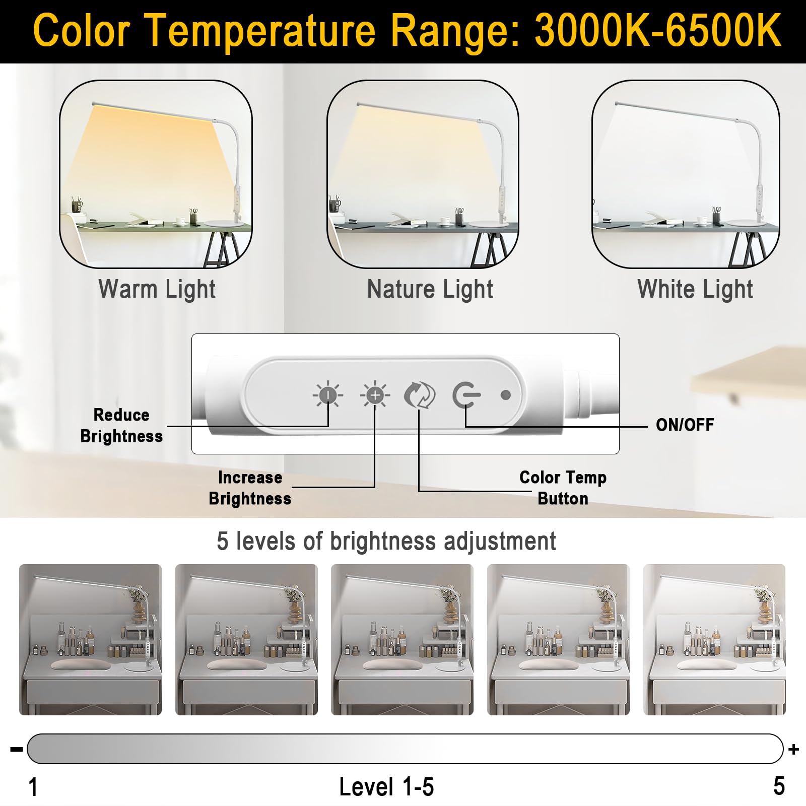CGBE 60cm Lampada da Tavolo per Unghie: 360° Flessibile Lampada da Scrivania per Unghie per Onicotecnico - Tocca Controllo - Dimmerabile Luce Scrivania LED per Manicure Lettura Studio Lavoro