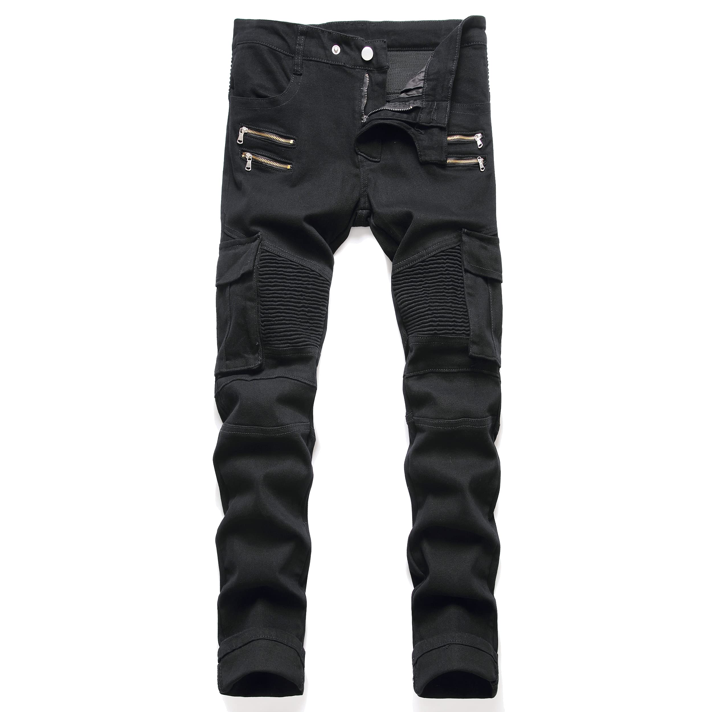 AITITIAMen's Biker Zipper Deco Washed Straight Fit Jeans