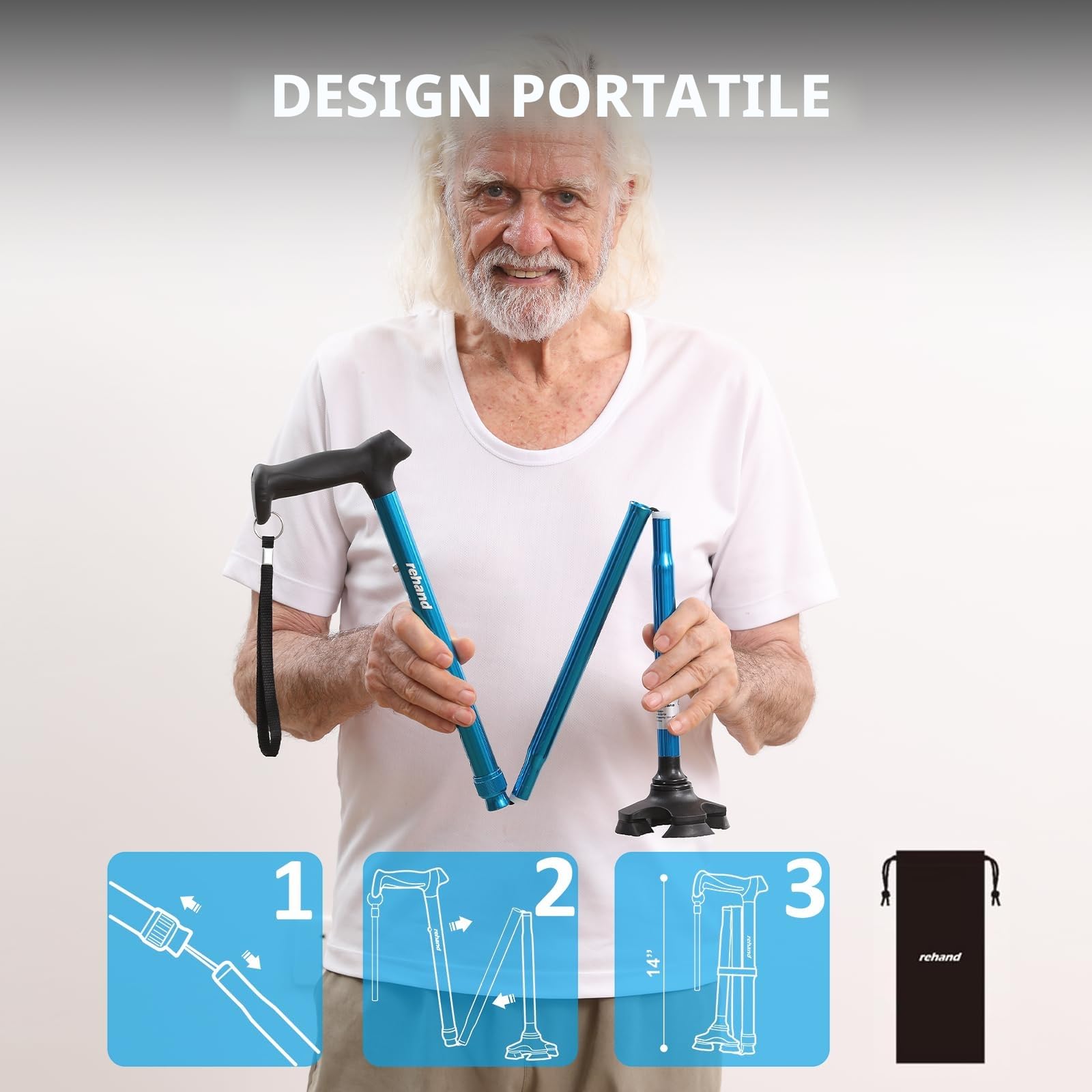 Rehand Bastone da passeggio per uomini e donne, pieghevole, regolabile, leggero, autoportante, con impugnatura morbida, con borsa da viaggio, bastone da passeggio per anziani e adulti