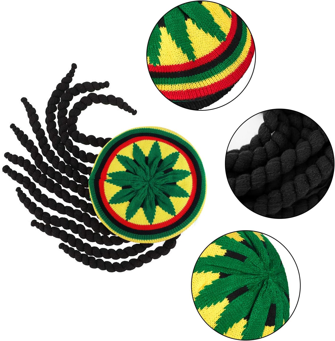 Rasta Beanie Hat with Dreadlocks Wig Costume Dreads Hats - Image 2