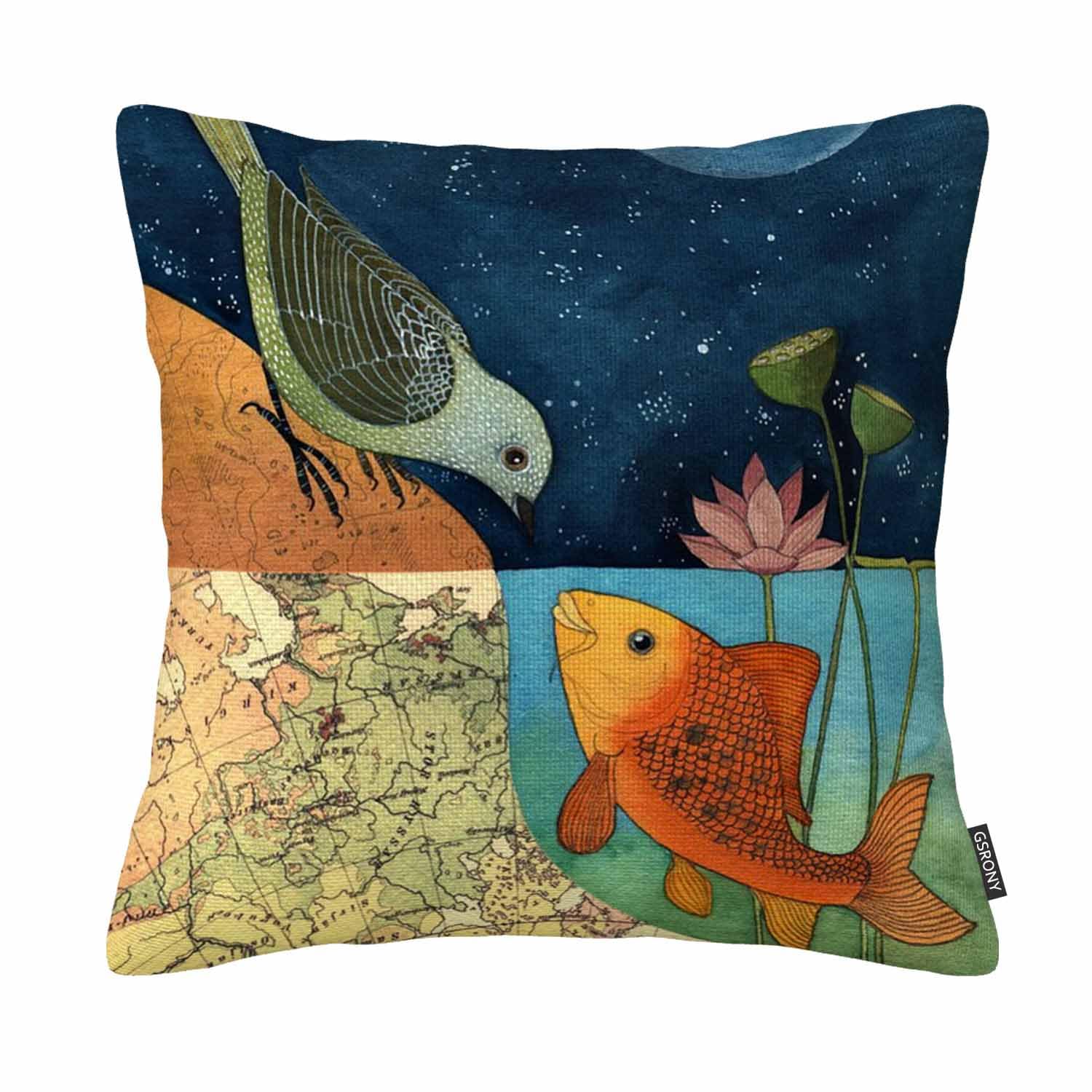Gsrony Peach Fish Throw Pillow Covers Bird And Fish In The Two World Forever Cushion Pillow Case Home Decor Pillowcase 18X18 Inches