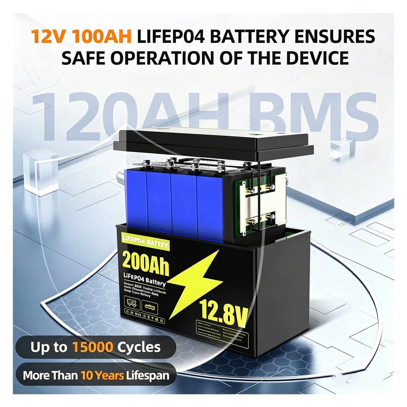 Batteria Grande for Esterni A Ciclo Profondo Da 12 V, Pacco Batterie | Scheda di gestione del circuito integrata, diverse dimensioni di capacità for apparecchiature di energia(12V LiFePO4 200Ah)