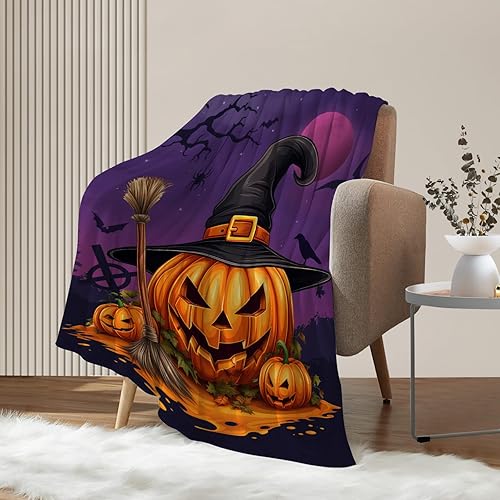 Miniatura 4 de Neatee Living Manta de Halloween tamaño individual, manta de bruja espeluznante morada, ligera, mullida, suave, manta de forro polar para sofá,