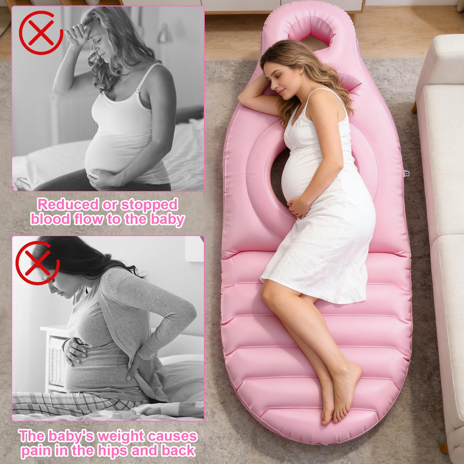 Luftmatratze Schwangere, Aufblasbares Schwangerschaftskissen mit Loch, Beflockte PVC Bauchliegematte, Rosa