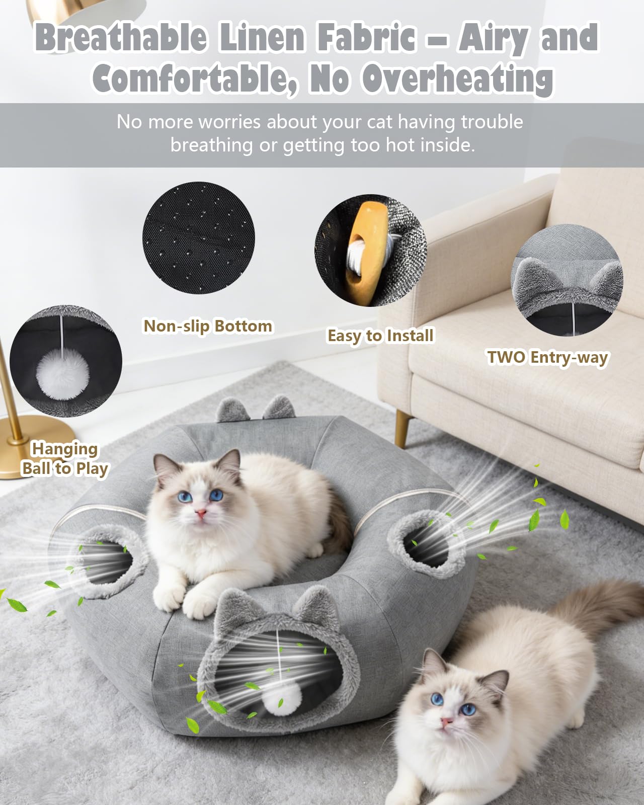 Katzentunnel aus Leinen für den Sommer, XXL Katzentunnel Große Katzen mit Schlafplatz & Bed Weiches, mit Zwei Eingängen Katzenhöhle & Hängende Bälle, Katzen Donut Cat Tunnel für Katze (Dunkelgrau)