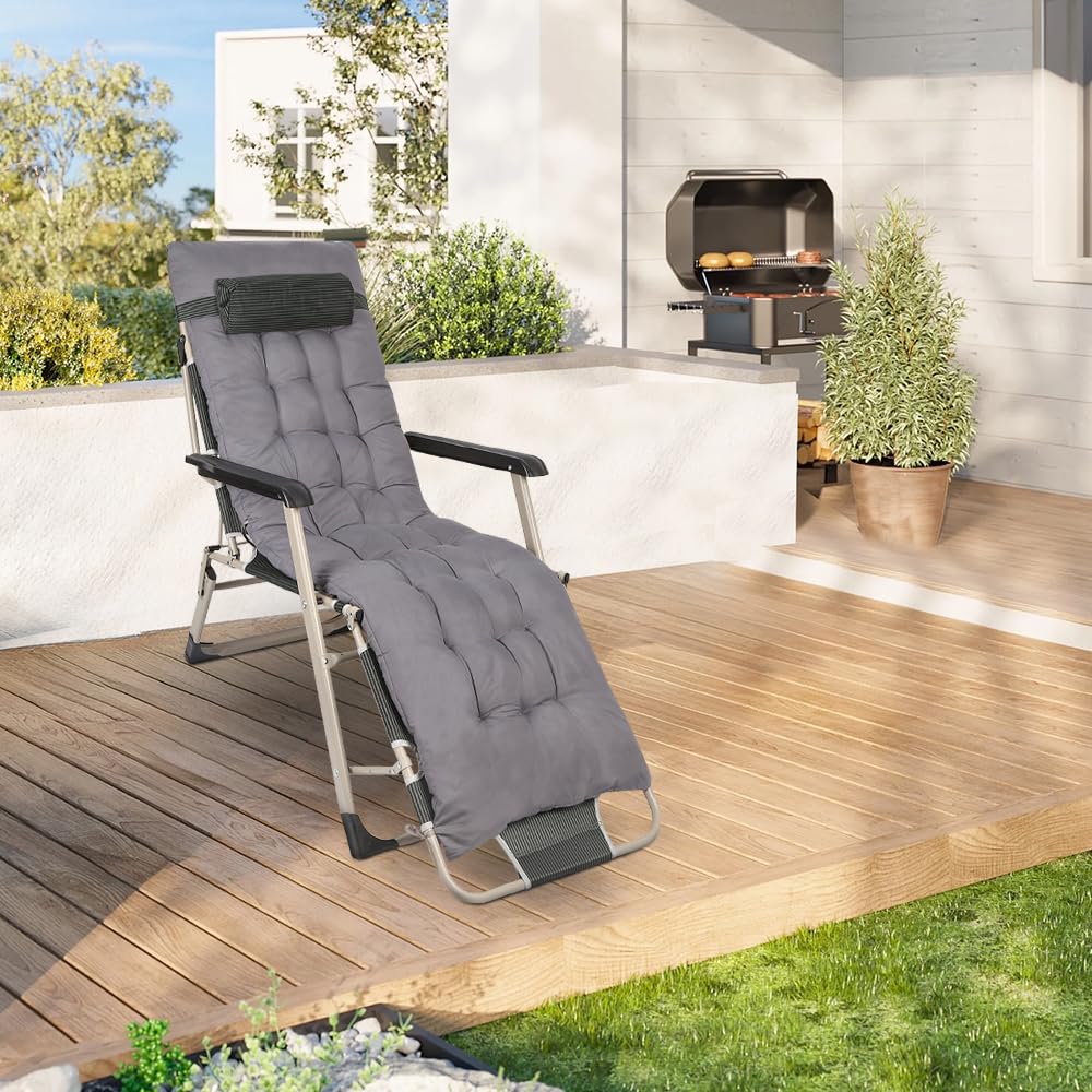 OHMG Silla de Jardín Plegable e Inclinable con Relleno, Reposapiés, Respaldo, Reposacabezas Extraíble, Tumbona Exterior, Estructura de Acero Epoxy, Mueble de Salón