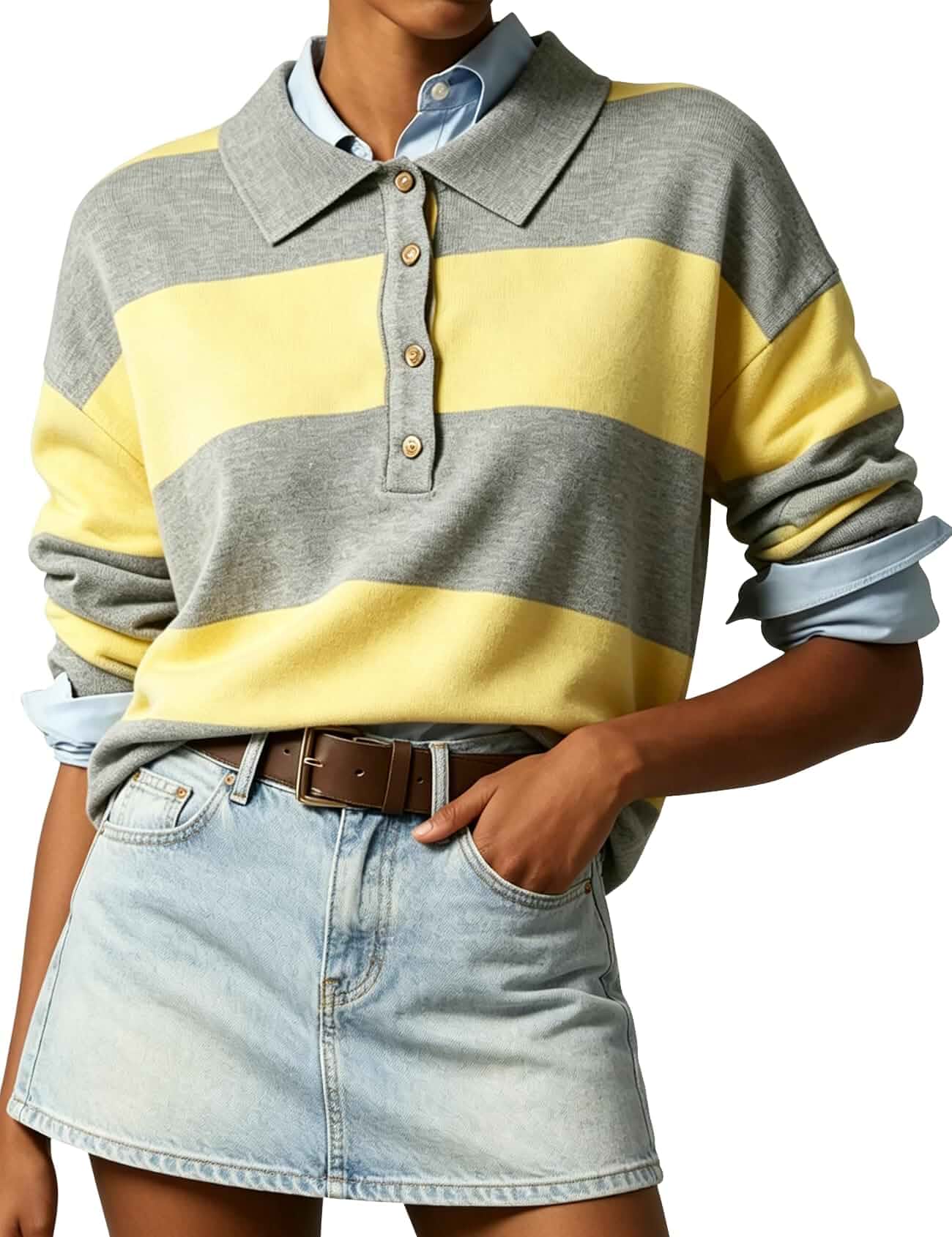 Wyeysyt Polo Sweater Women Rugby Shirt Striped Collared Sweaters Long Sleeve, Knit Top, Rugby Polo, Casual, Back to School, Y2K, Preppy Shirts