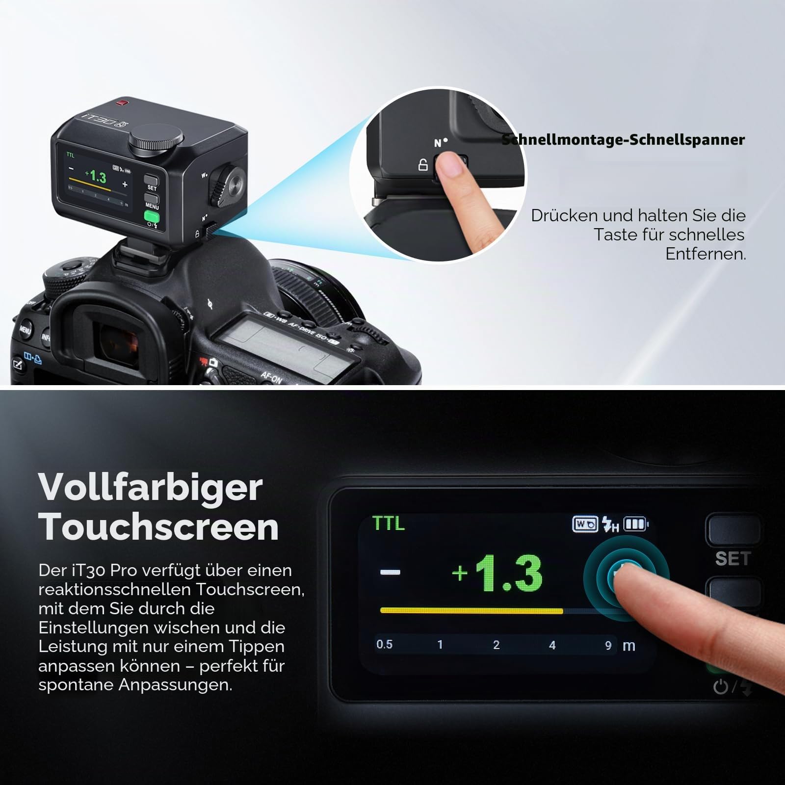 Godox IT30PRO-N Taschenblitz, kompatibel mit Nikon Z9, Z8, Z7II, Z6, ZFC, Touchscreen, Lithium-Akku, eingebauter Diffusor, USB-Aufladung, Schnellwechselschuh