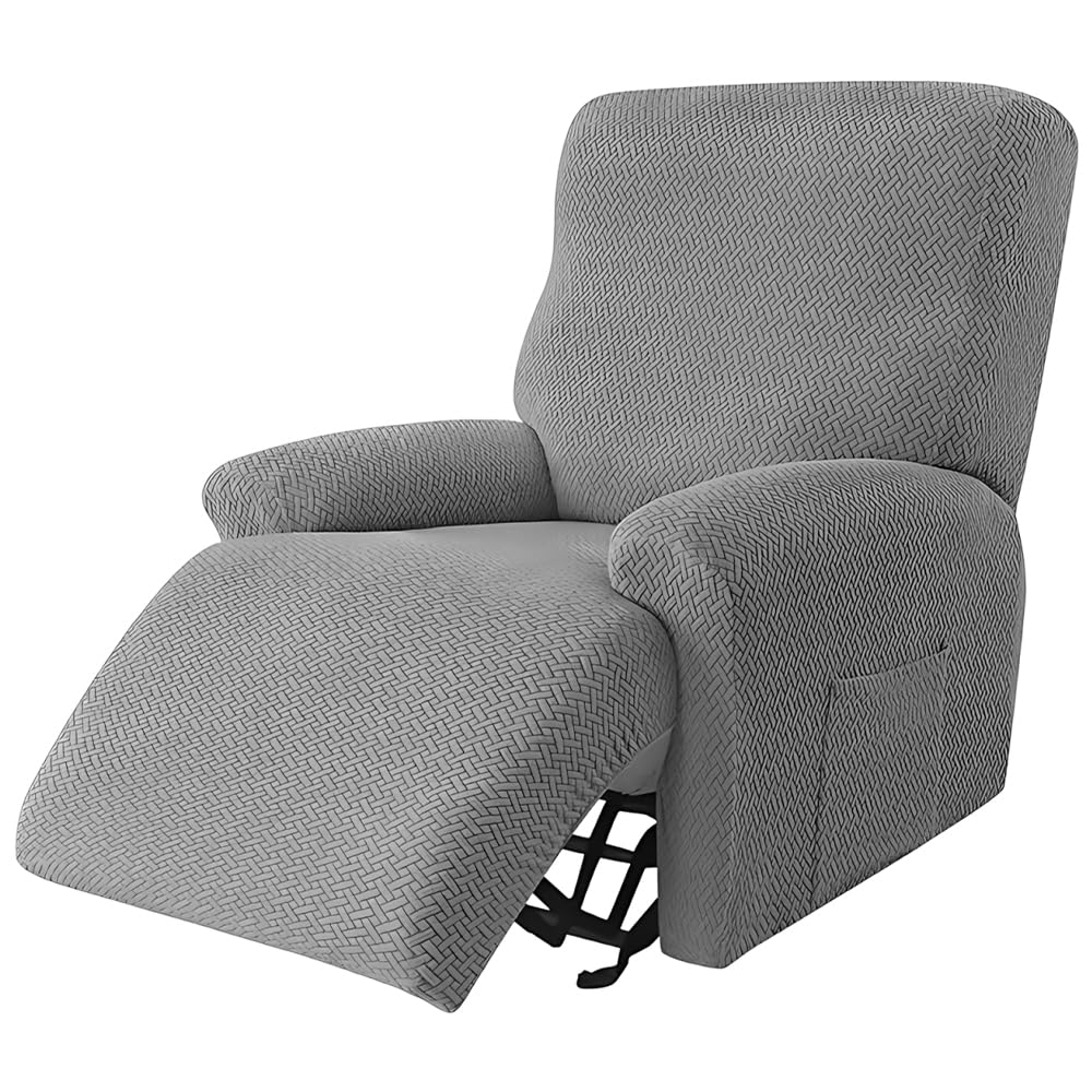 NAVESO 4 Piezas Funda Sillon Relax Reclinable, Fundas Sillon Relax con Bolsillos, Funda Sofa 1 Plaza Universal Elástica para Sillón Reclinable (Gris Claro)