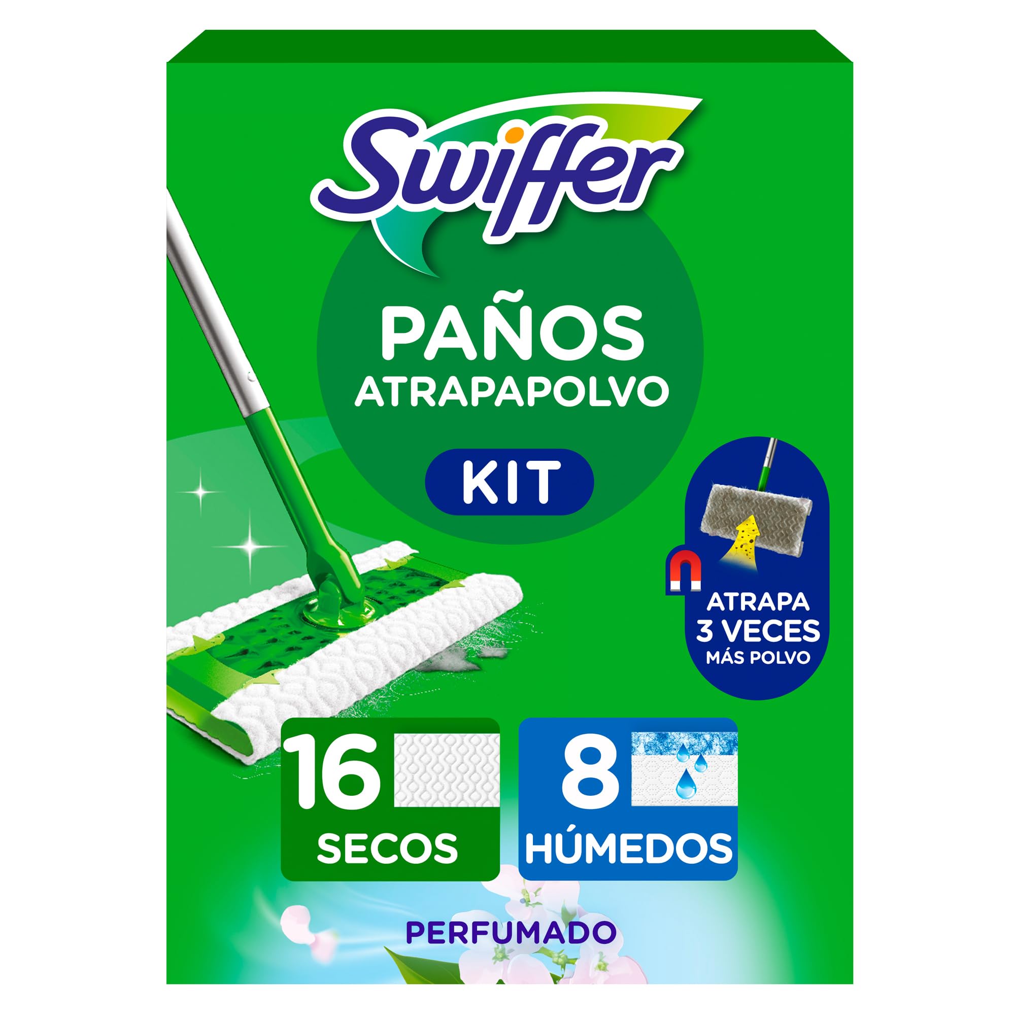 Swiffer Mopa Limpiador En Seco Y Húmedo Kit Básico Para Limpiar Madera Y Suelos, Con: 1 Mopa, 16 Paños Secos, 3 Paños Húmedos