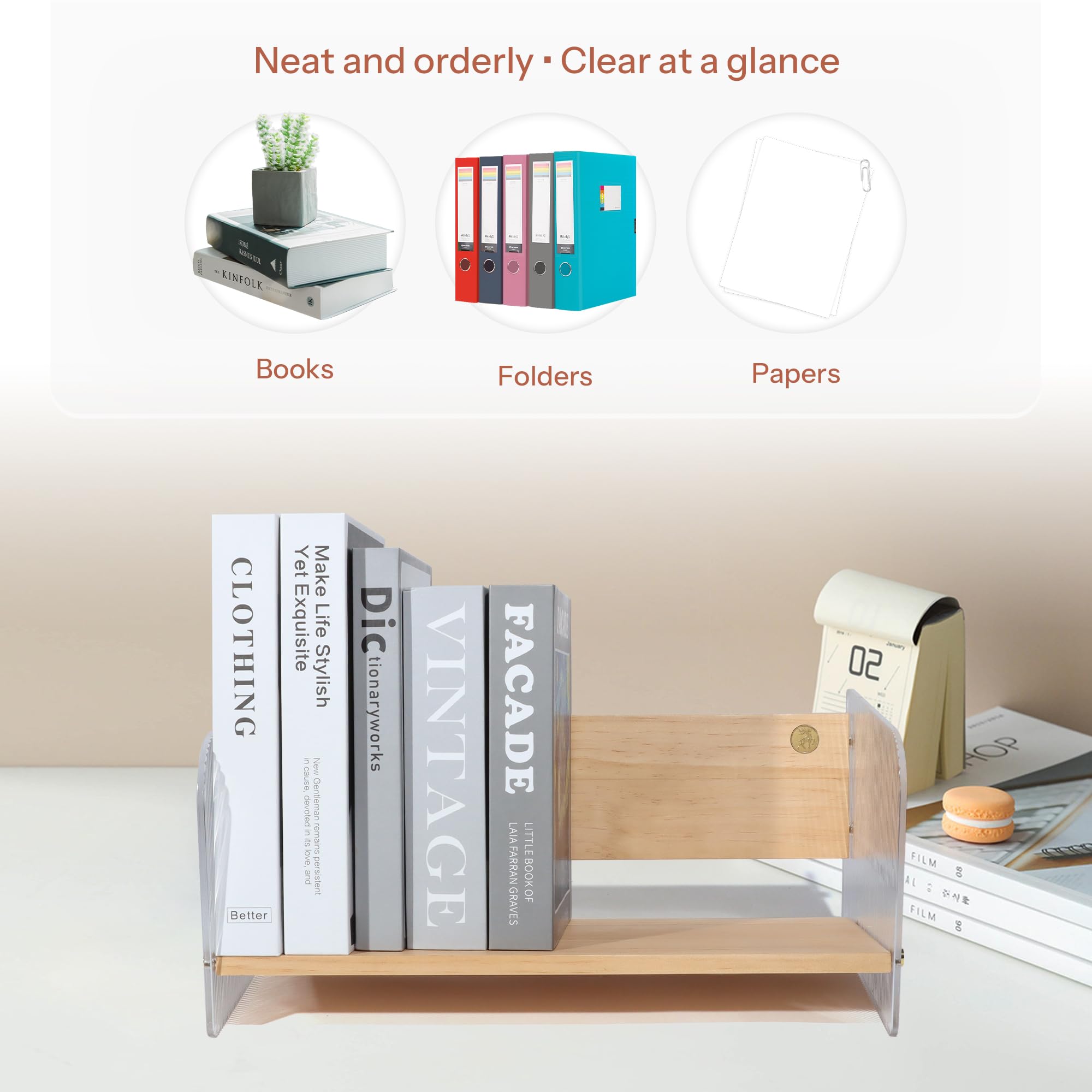 Piccolo scaffale per libri, mensole da scrivania per piccoli spazi, organizer per libri per casa e ufficio, in acrilico combinato con librerie in legno di pino, espositore per libri per