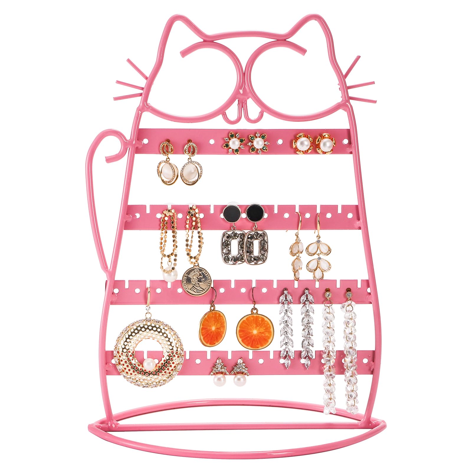 Okllen Earring Holder Organizer, Cat Shaped Earring Tree Shelf, Jewelry Organizer Stand Metal 46 Stud Earring Holes for Vanity, Dresser, Pink