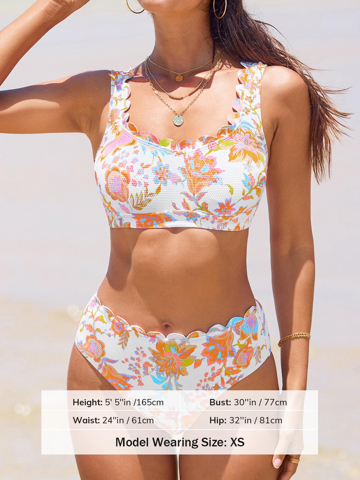 CUPSHE Conjunto de bikini para mujer, con cordones en la espalda, festoneado, tiro medio, tirantes ajustables, texturizado, traje de baño de dos piezas