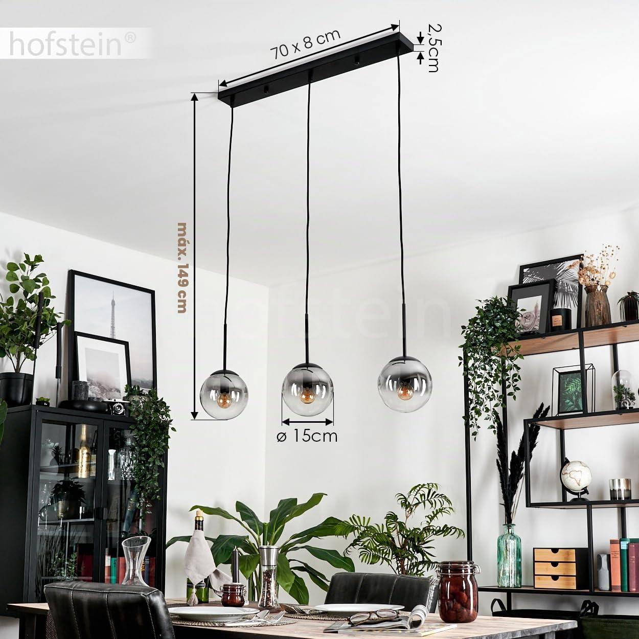 HOFSTEIN Gastor - Lámpara de techo (3 focos, metal y cristal, color negro/ahumado/transparente, moderno, diseño retro, 15 cm de diámetro, E14, para comedor, cocina, salón