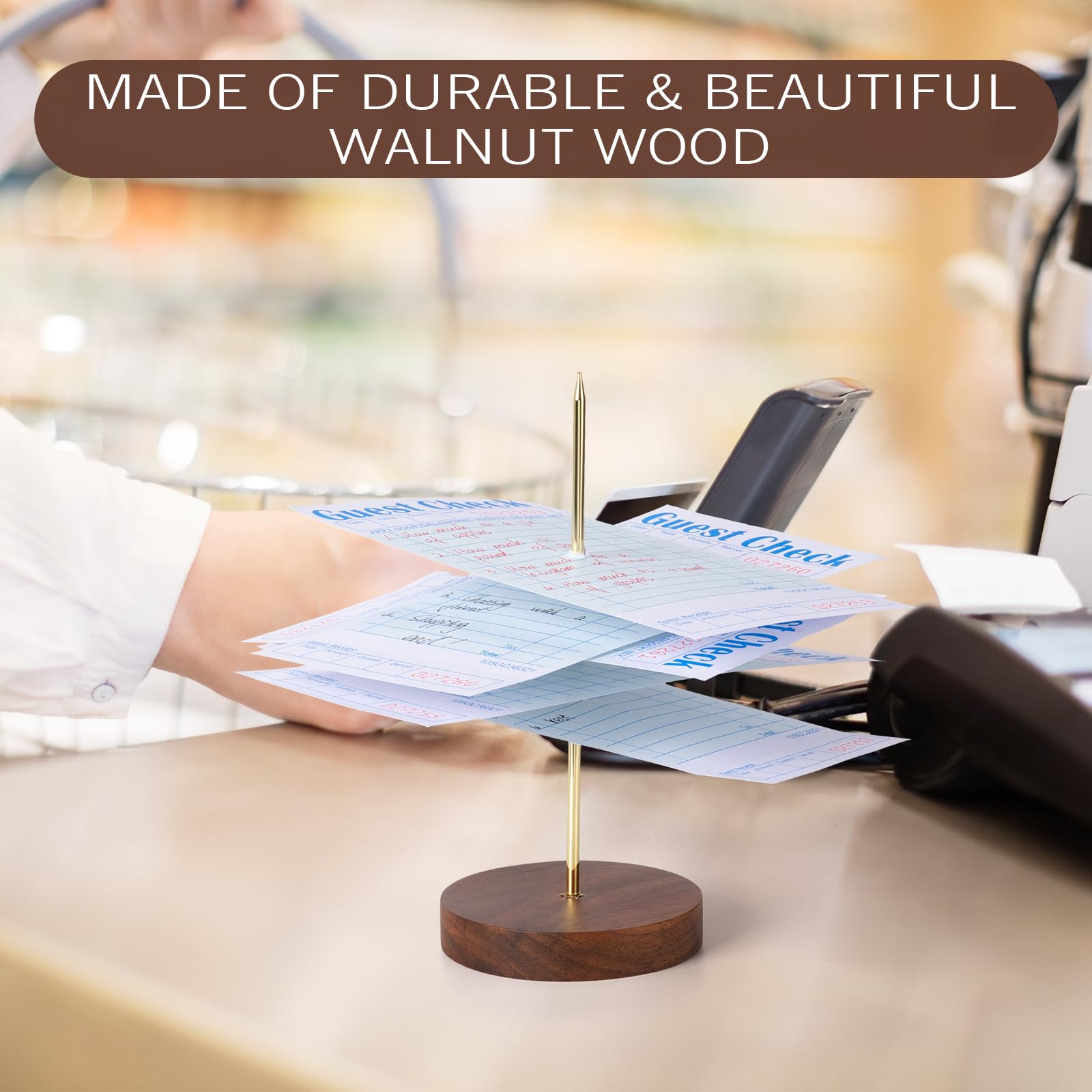 Soporte de recibos para restaurante – 2 tenedores de recibos con base de madera resistente, eje de comprobación para cocina y oficina