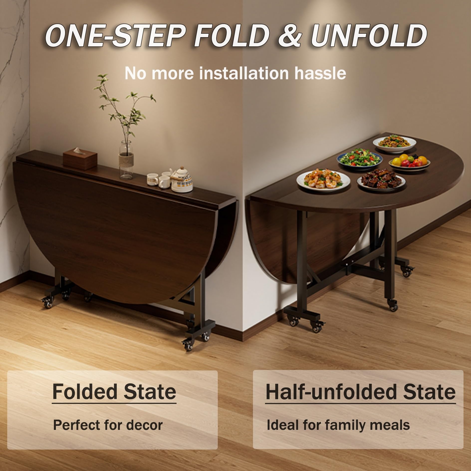 Table de salle à manger pliante mobile – Table de cuisine ronde à 6 roulettes pour petits espaces – Table utilitaire extensible pour maison, salon, pub (blanc, 120 x 75 cm)