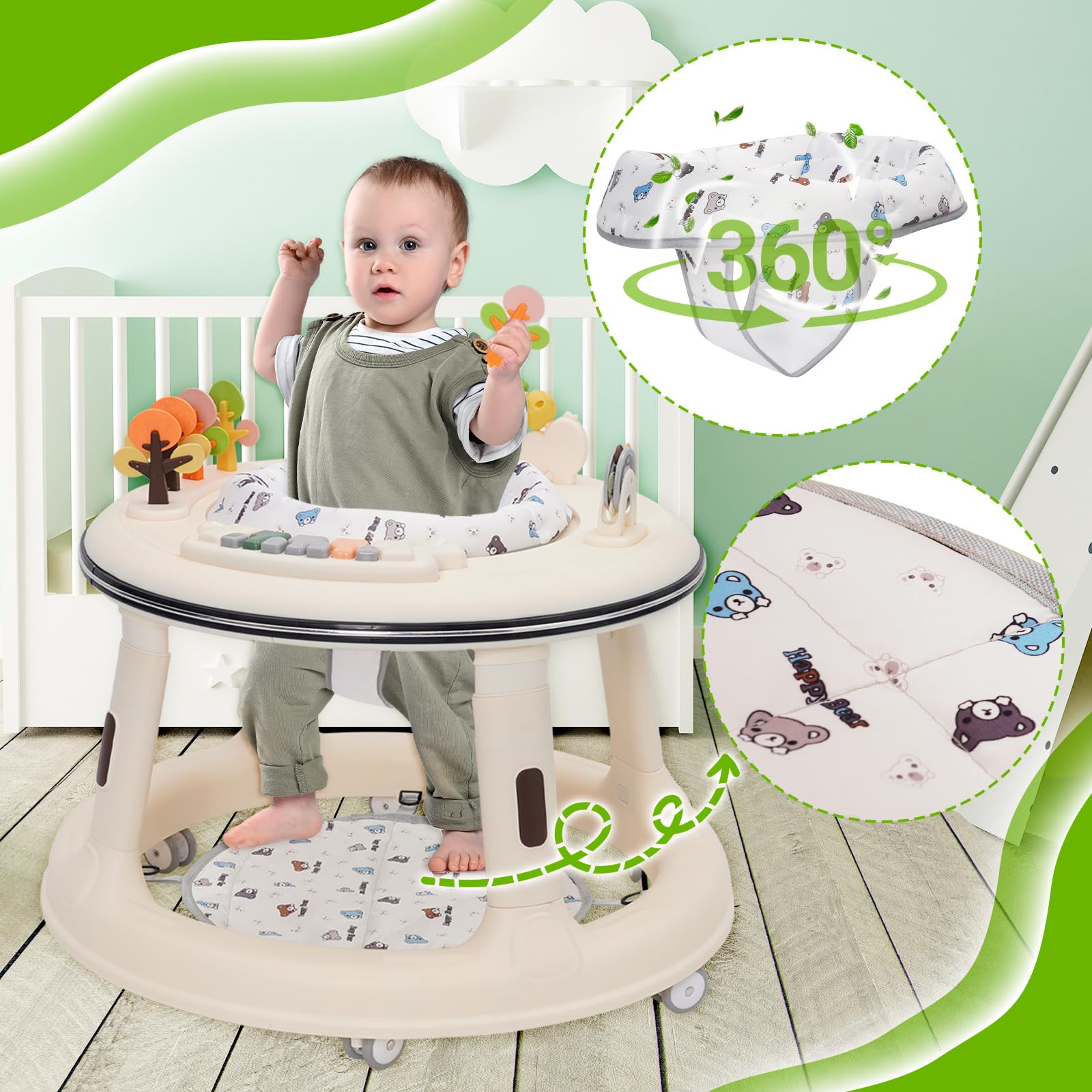 Trotteur Bébé, Réglable en Hauteur avec Siège Pivotant à 360°, Babywalker avec Roues Silencieuses à 360° et Plateau D'activités Musical Amovible,Anti-renversemen,9-18 Mois et Plus
